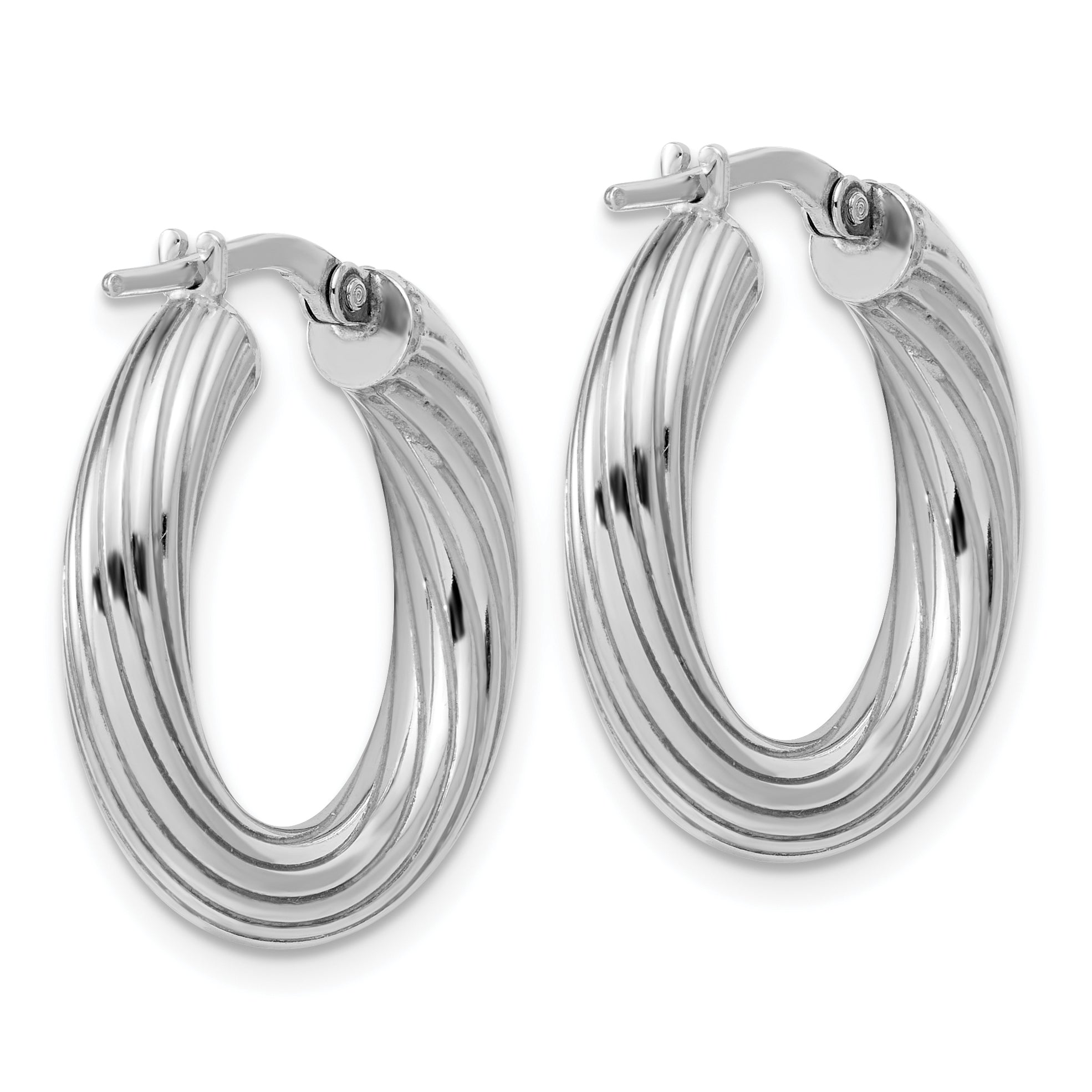Sterling Silver Rh-Plated Polished Grooved Hoop Earrings