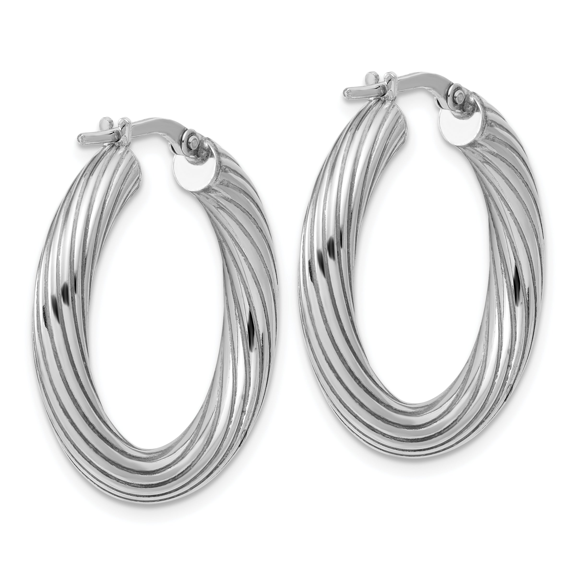 Sterling Silver Rh-Plated Polished Grooved Hoop Earrings