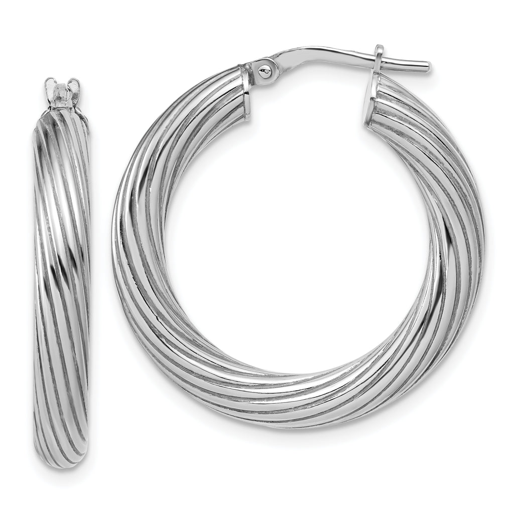 Sterling Silver Rh-Plated Polished Grooved Hoop Earrings