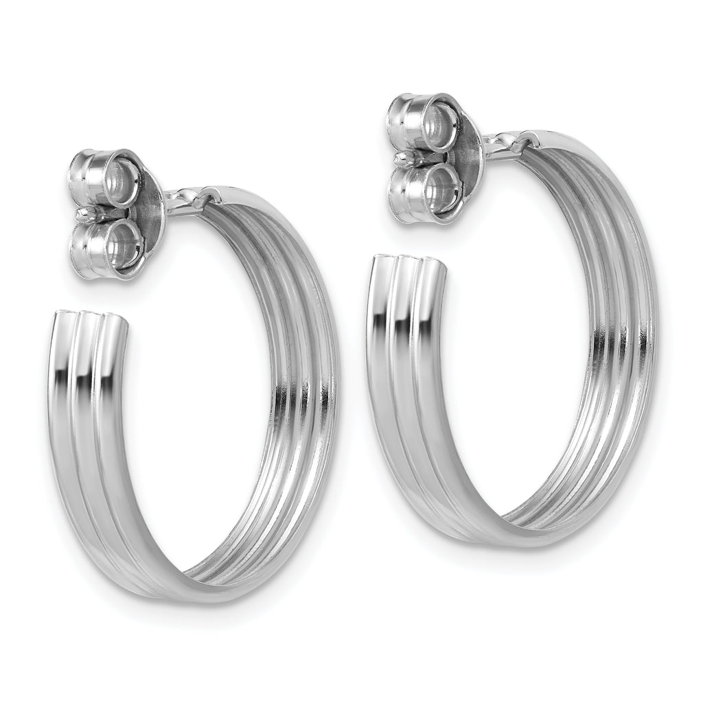 Sterling Silver Rh-Plated Polished Grooved J-Hoop Post Earrings