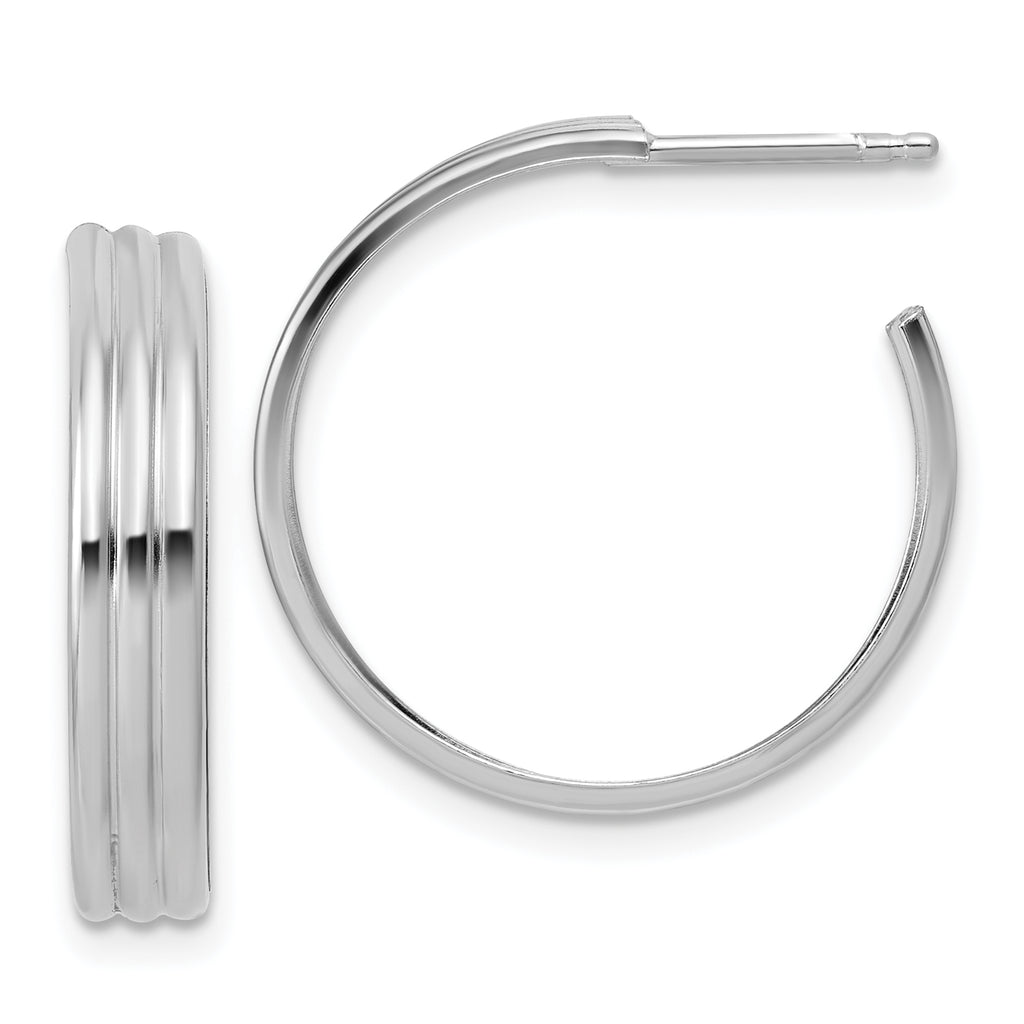 Sterling Silver Rh-Plated Polished Grooved J-Hoop Post Earrings