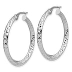 Sterling Silver RH-plated Polished and Diamond-cut Hoop Earrings