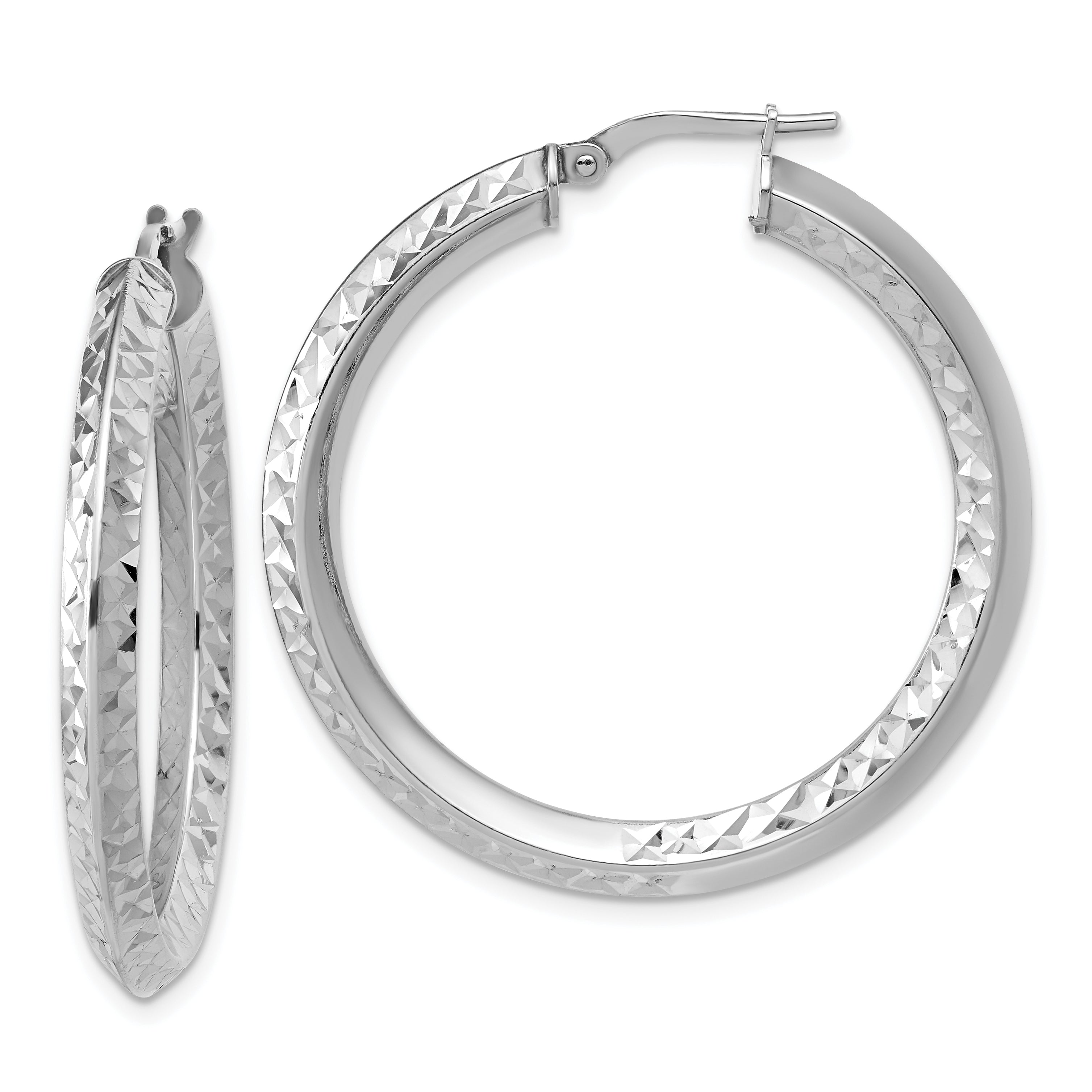 Sterling Silver RH-plated Polished and Diamond-cut Hoop Earrings