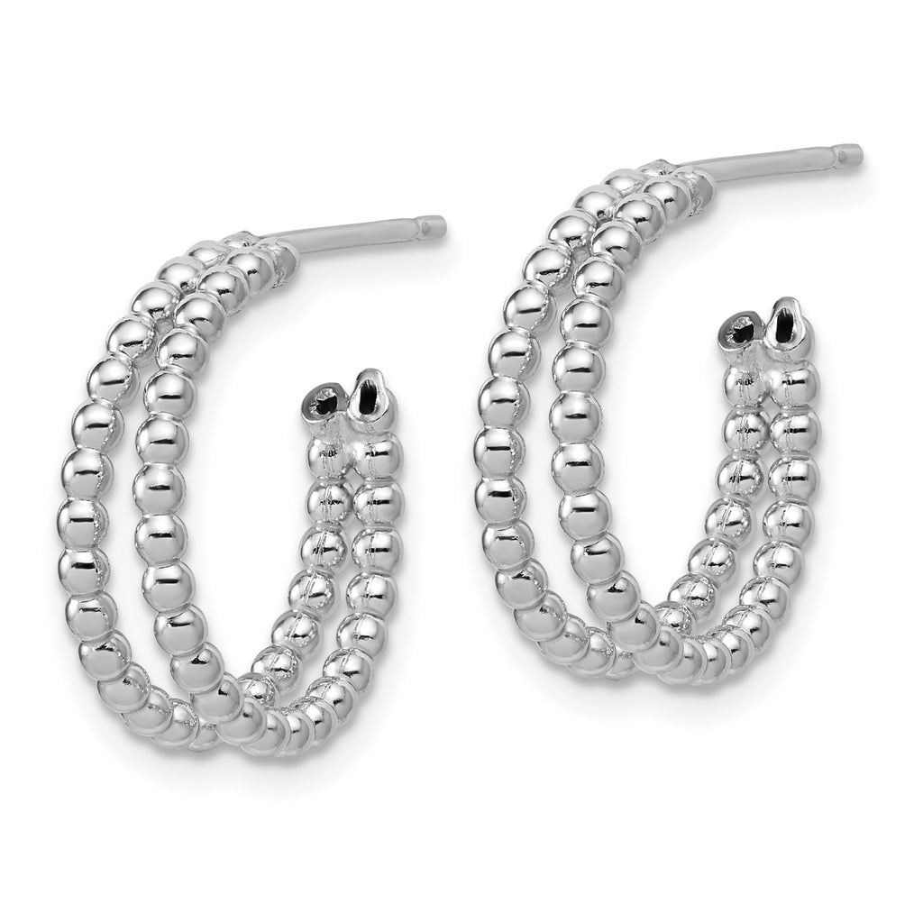 Sterling Silver RH-plated Polished Beaded J-Hoop Earrings