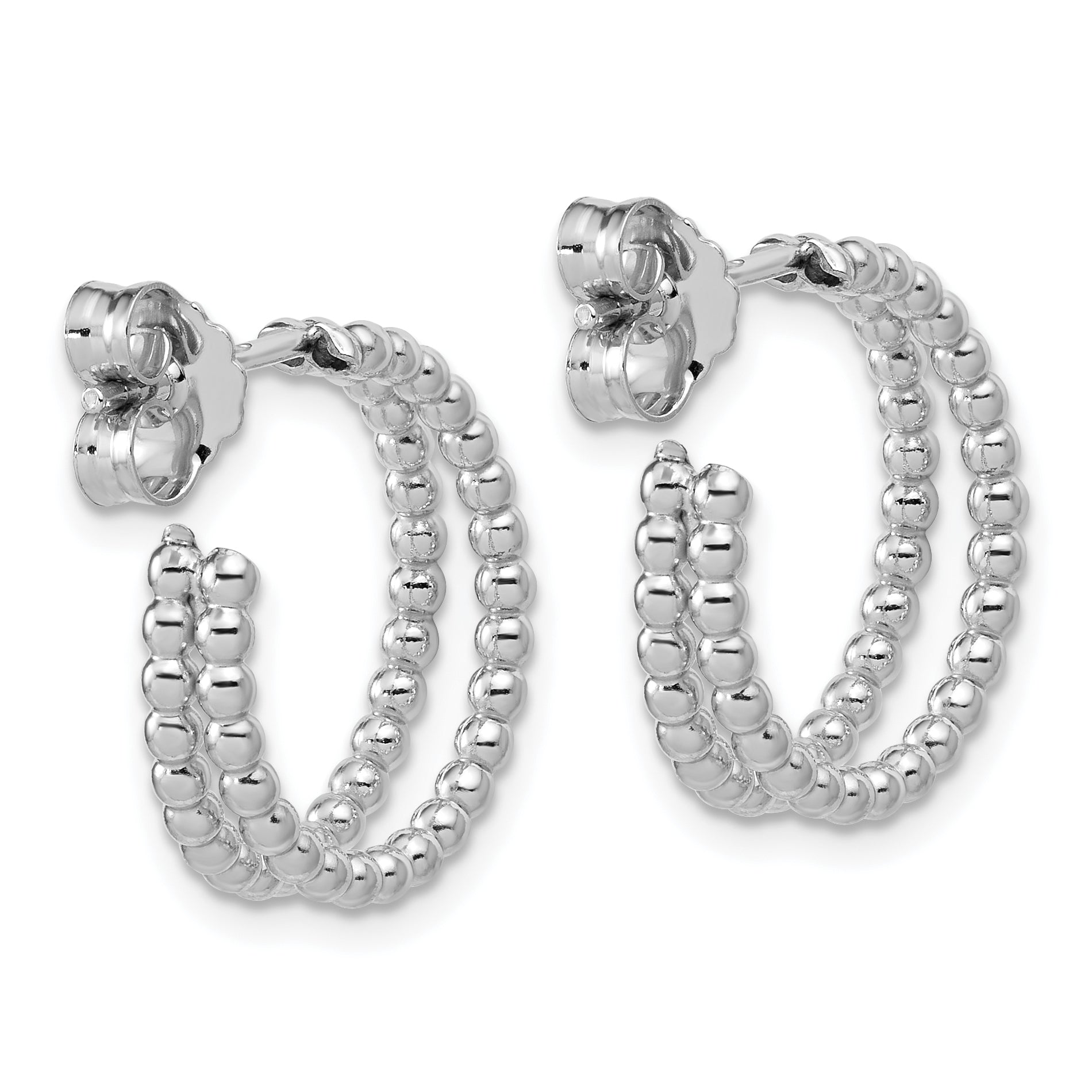 Sterling Silver RH-plated Polished Beaded J-Hoop Earrings