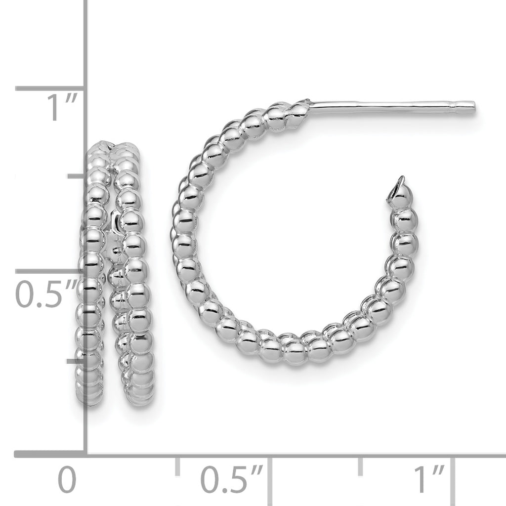 Sterling Silver RH-plated Polished Beaded J-Hoop Earrings