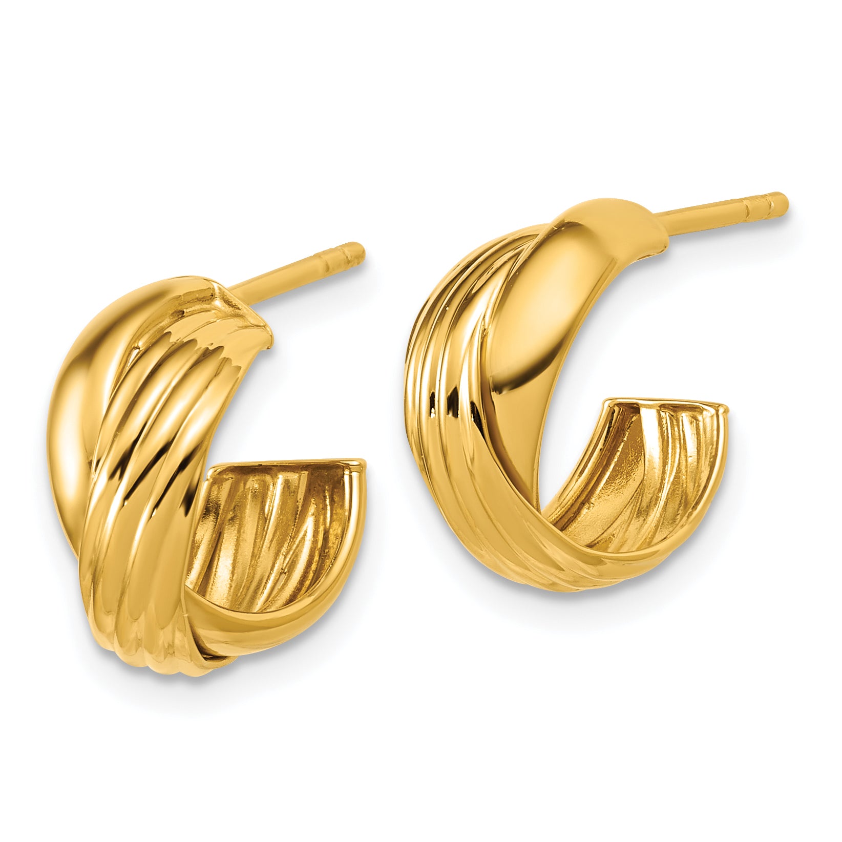 Sterling Silver Gold-tone Polished/Grooved Criss-cross J-hoop Post Secondary image