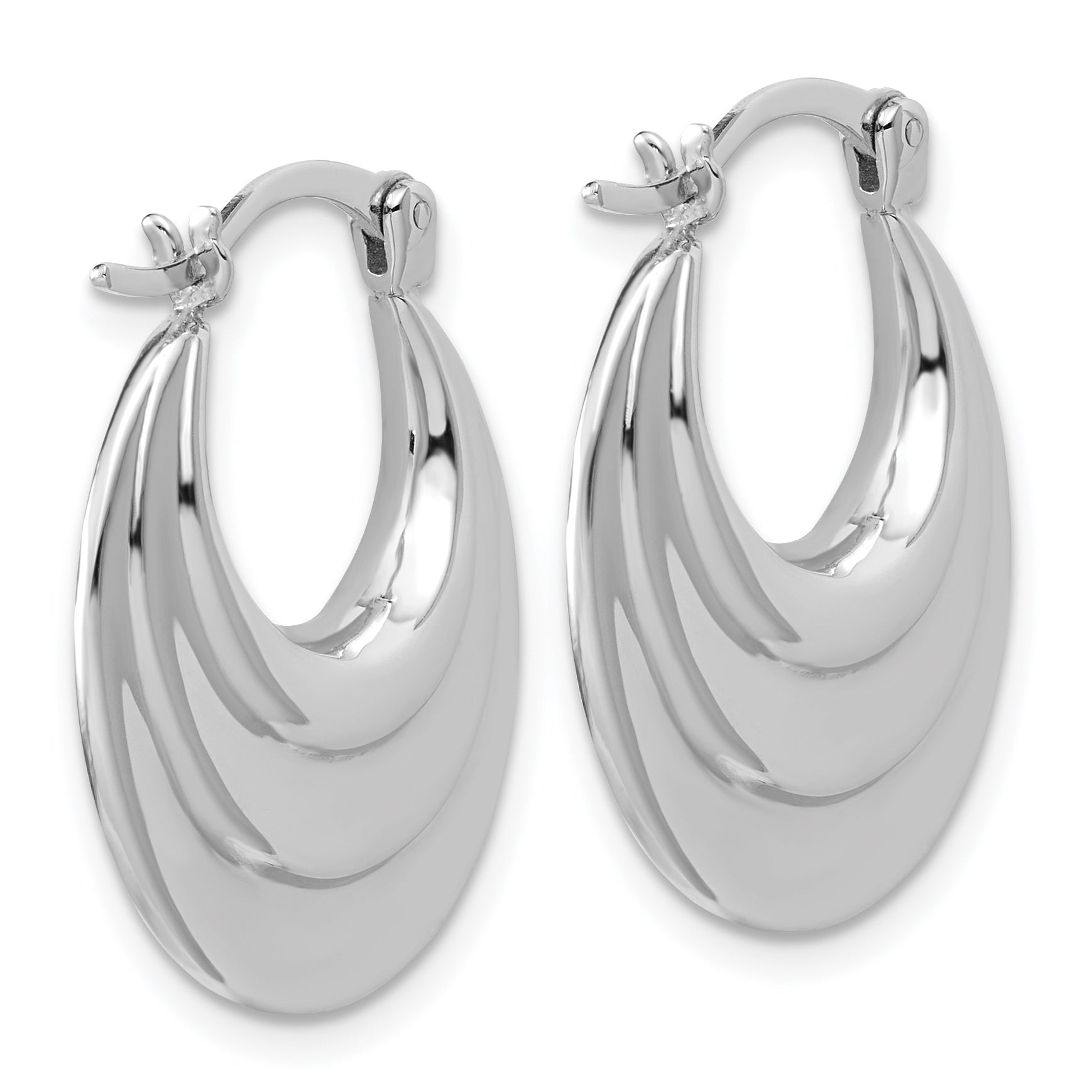 Sterling Silver RH-plated Polished and Grooved Oval Hoop Earrings