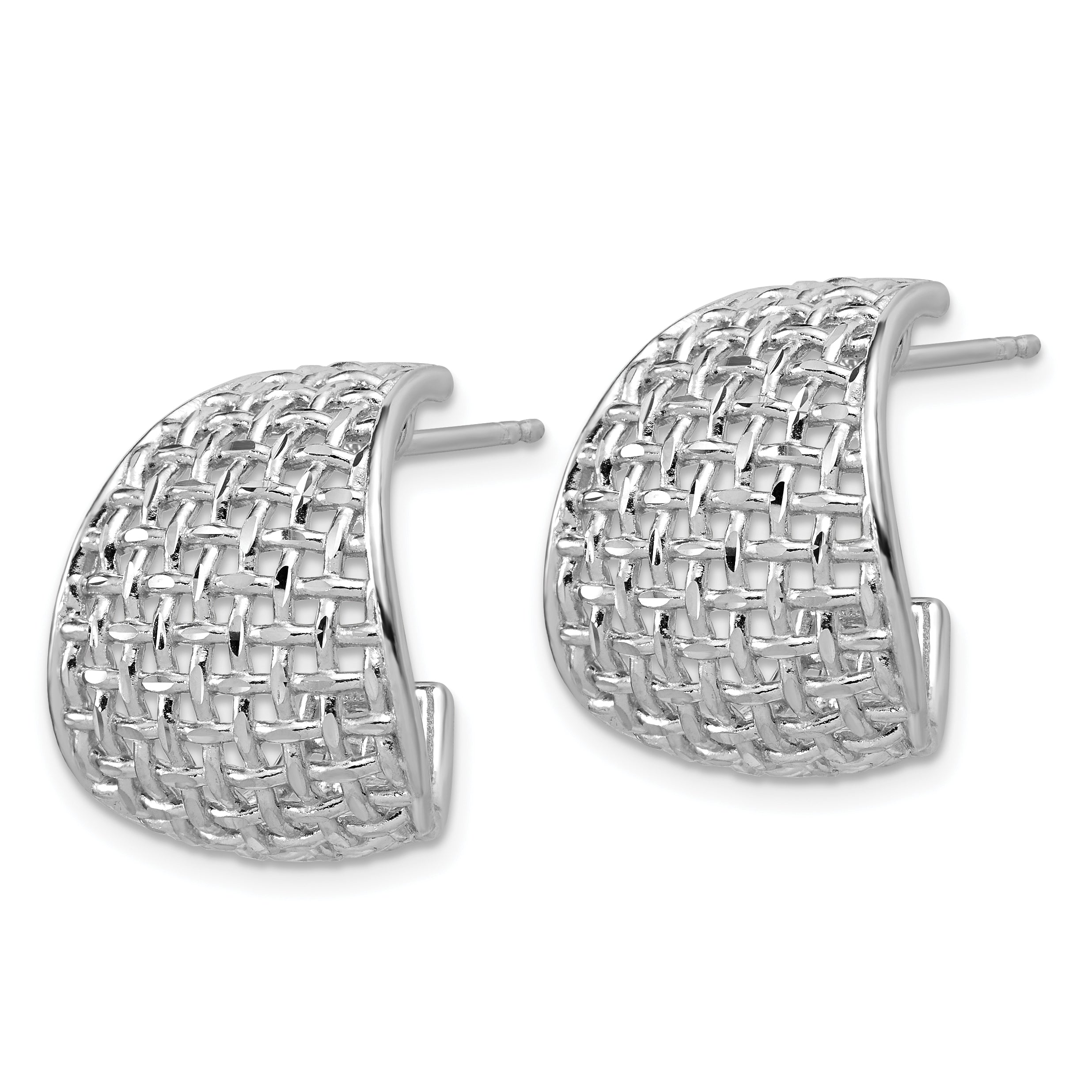 Sterling Silver RH-plated Polished Dia-cut Woven Pattern J-Hoop Po