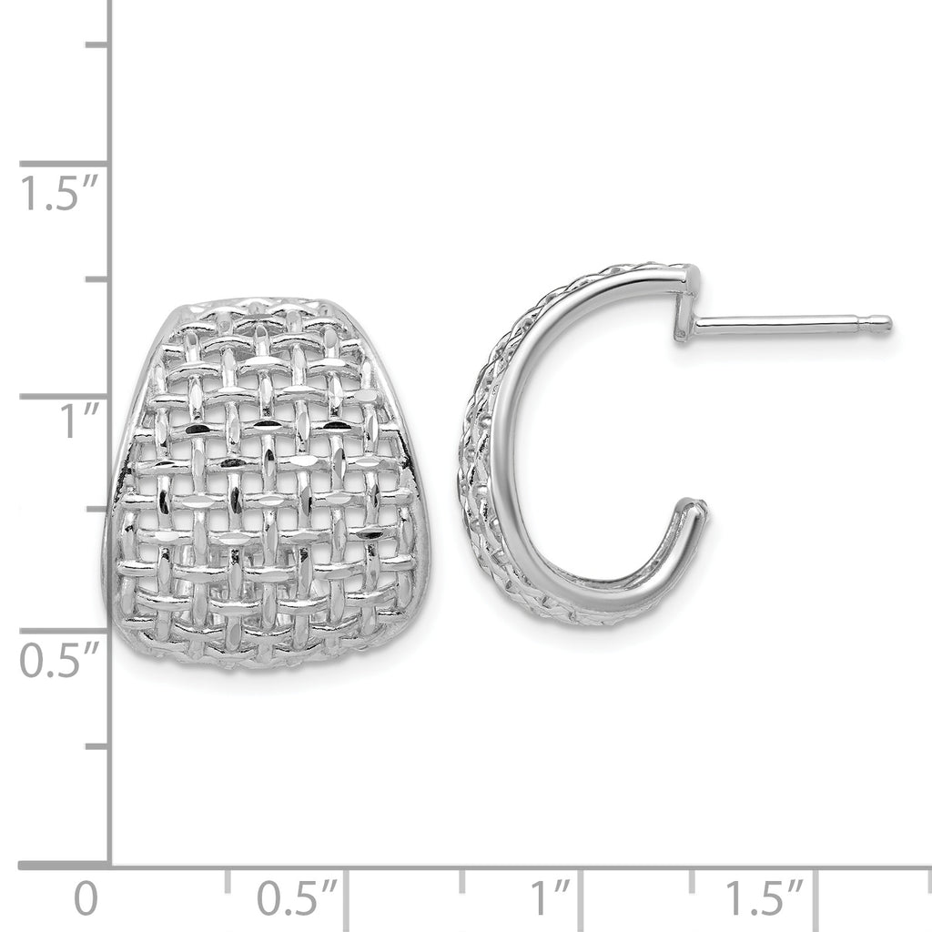Sterling Silver RH-plated Polished Dia-cut Woven Pattern J-Hoop Po