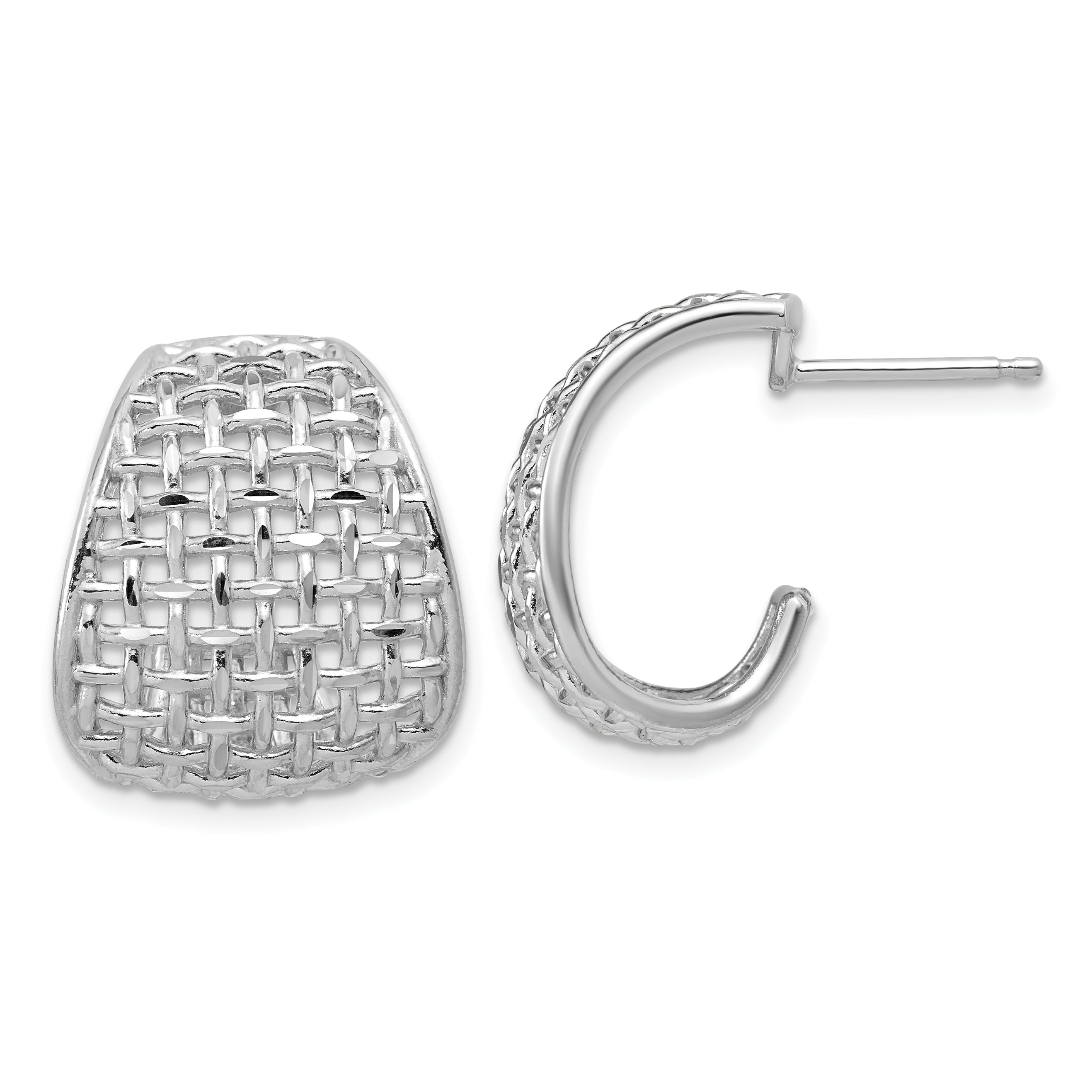 Sterling Silver RH-plated Polished Dia-cut Woven Pattern J-Hoop Po