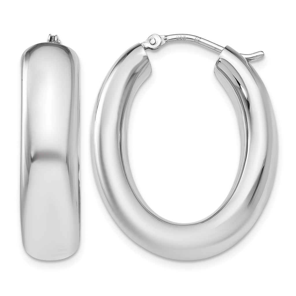 Sterling Silver RH-plated Polished Oval Hoop Earrings
