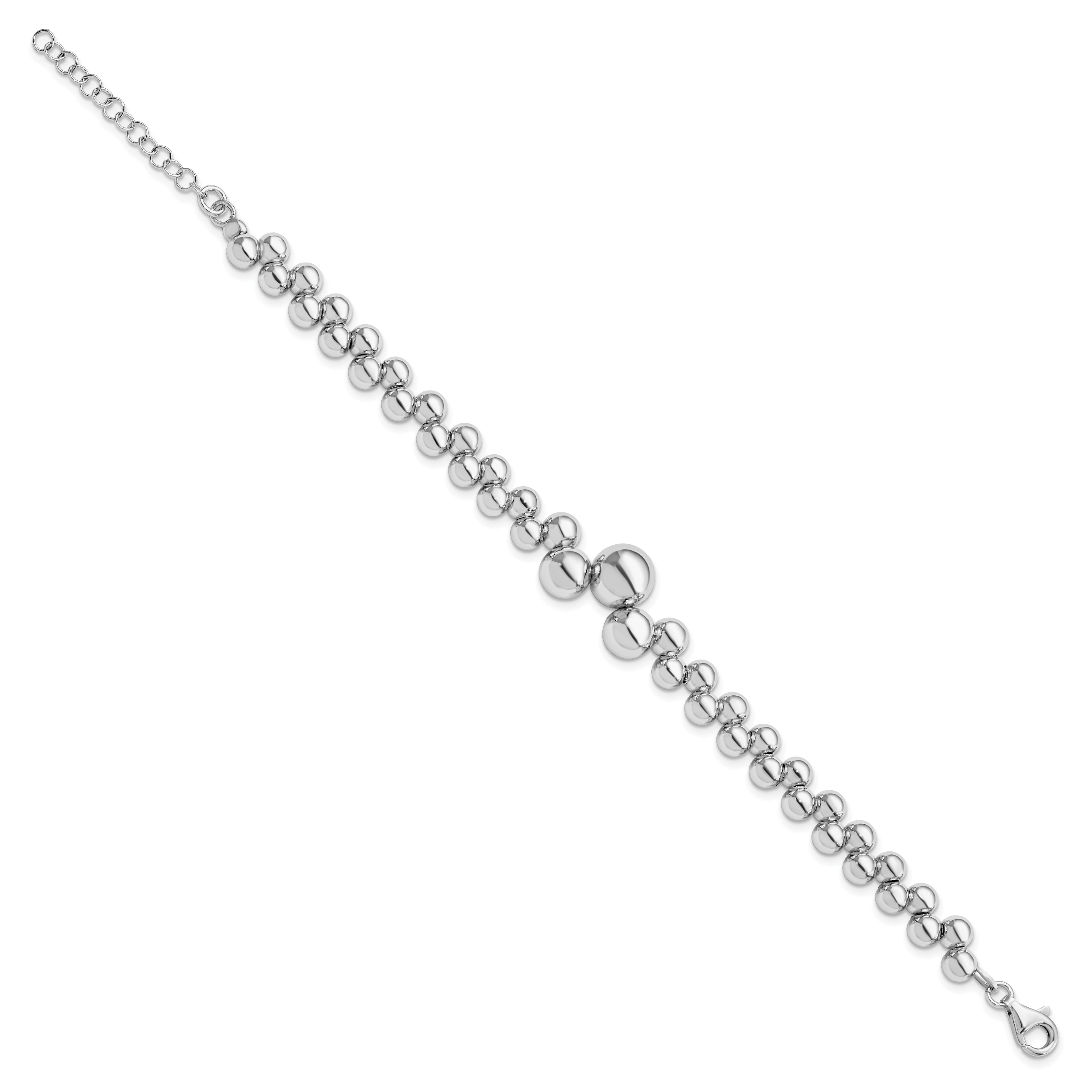 Sterling Silver RH-plated Polished Beaded w/1.5in ext. Bracelet