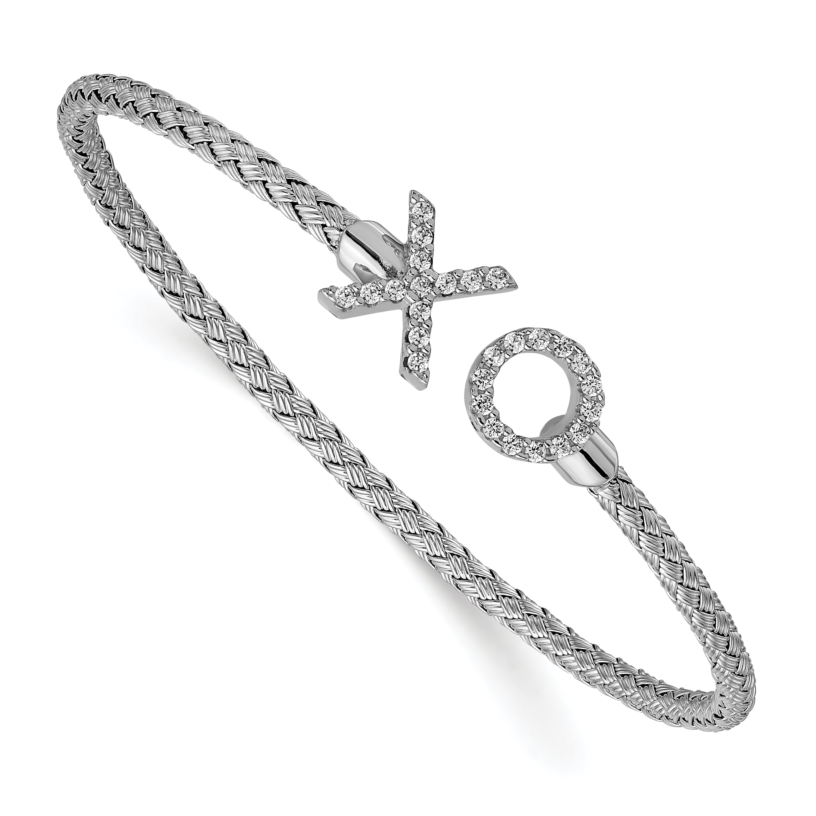 Sterling Silver Rhodium-Platedod-plat Polished CZ X & O Woven Flexible Cuff Secondary image