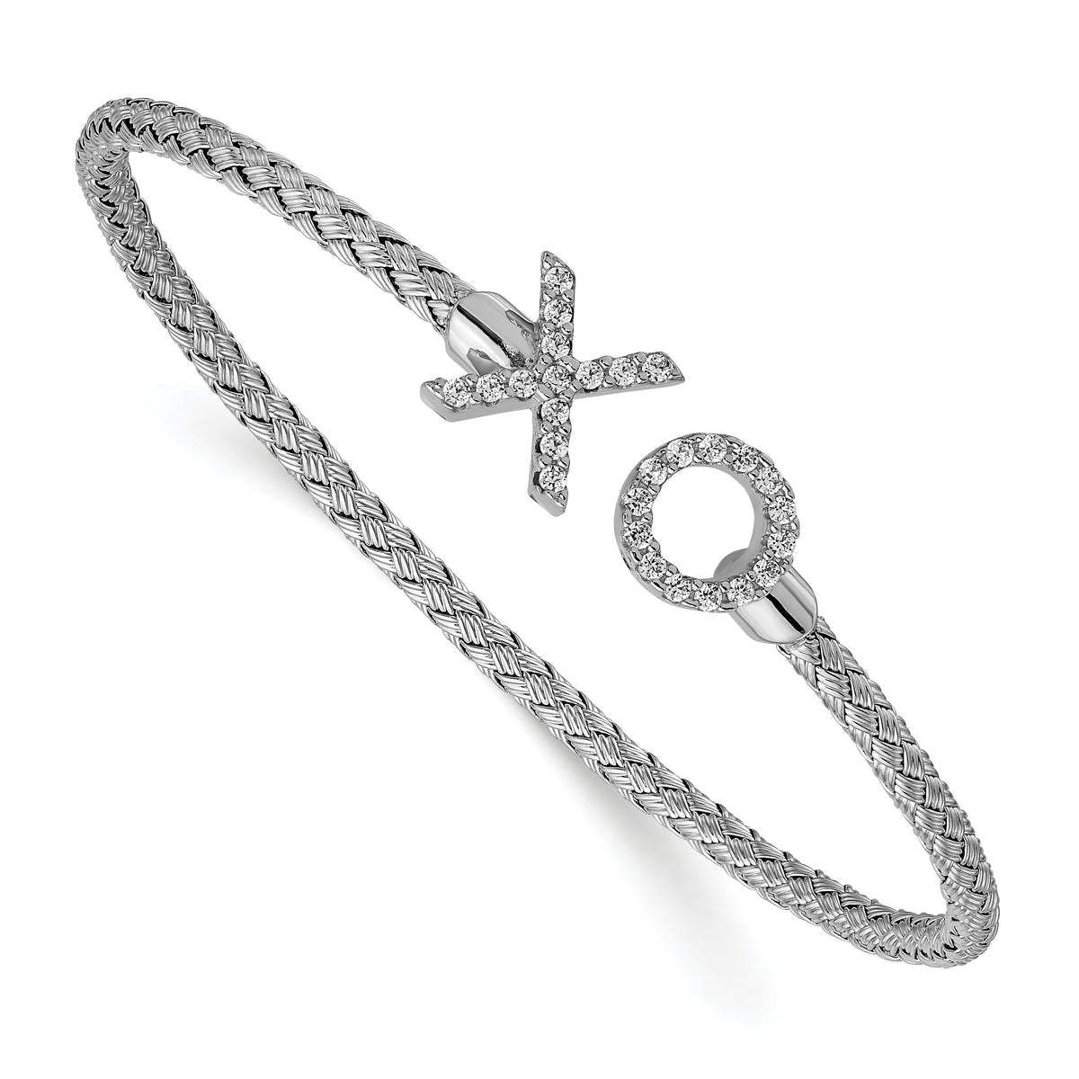 Sterling Silver Rhodium-Platedod-plat Polished CZ X & O Woven Flexible Cuff