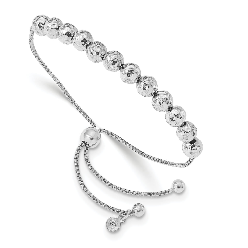 Sterling Silver RH-plated Hammered Beaded Adj. Bracelet