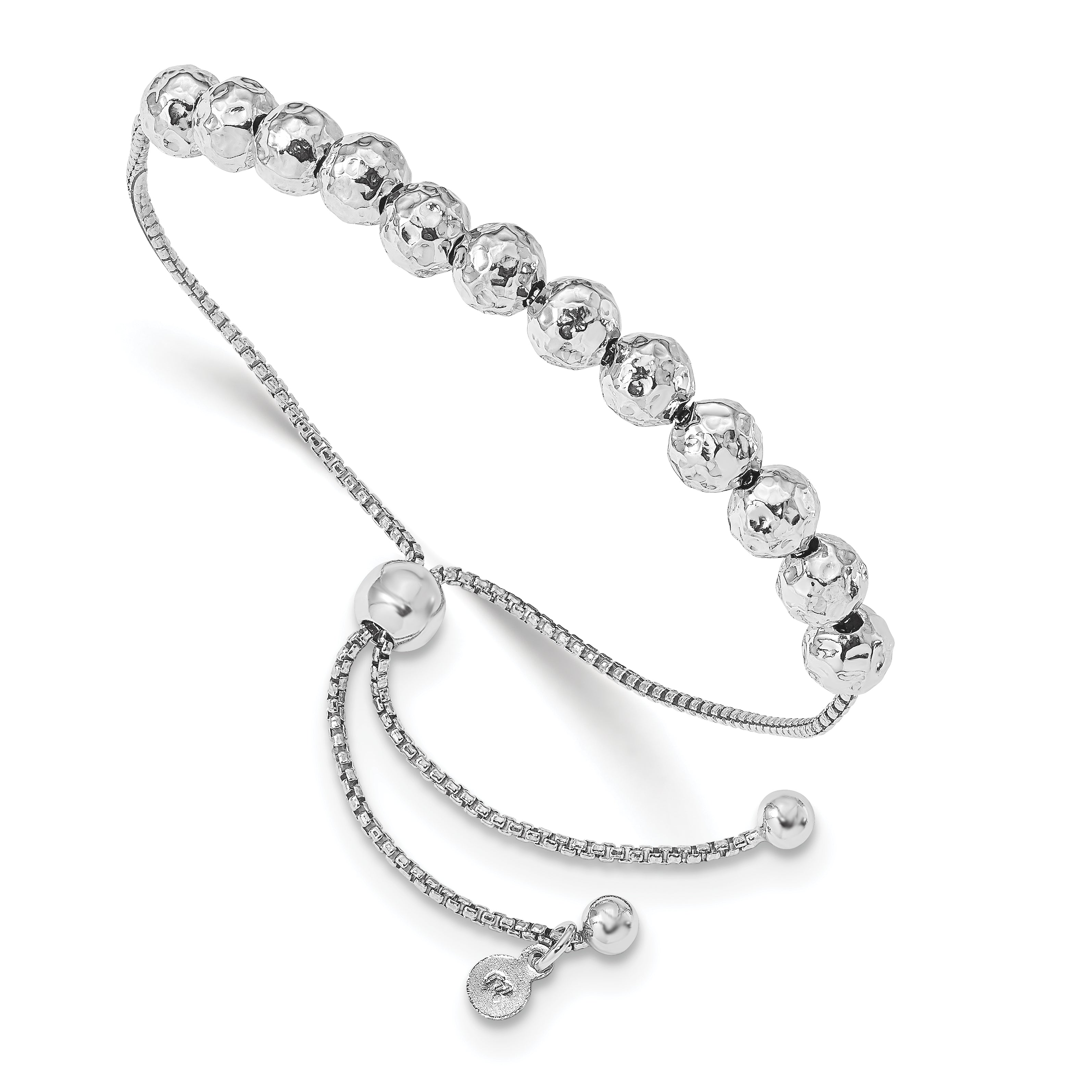 Sterling Silver RH-plated Hammered Beaded Adj. Bracelet