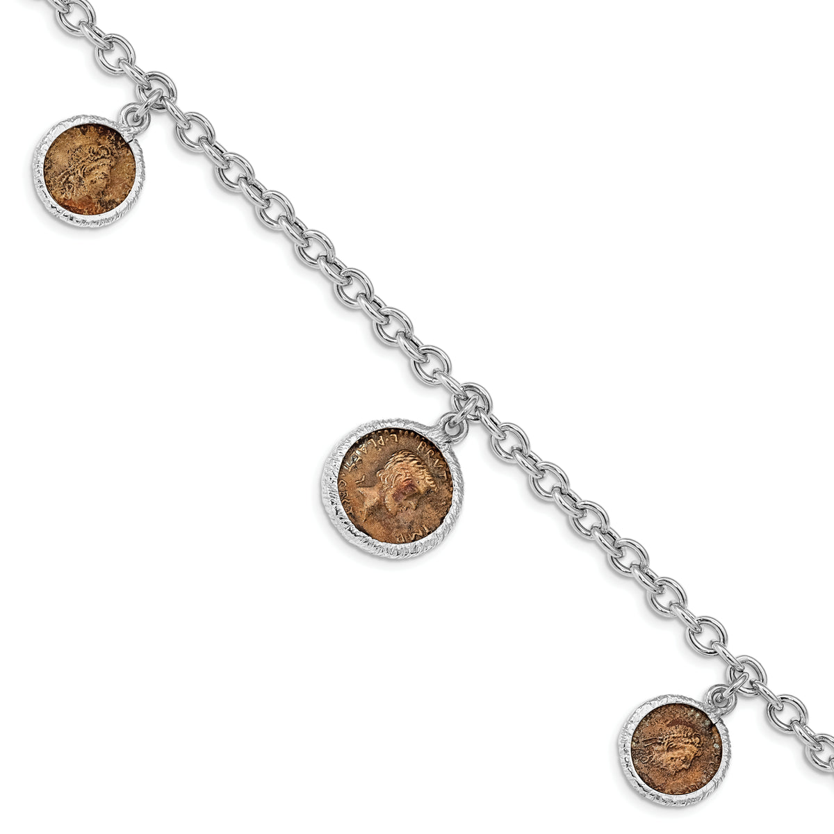 Sterling Silver Rhodium-Rhodium-Plated Bronze Roman Coin Bracelet