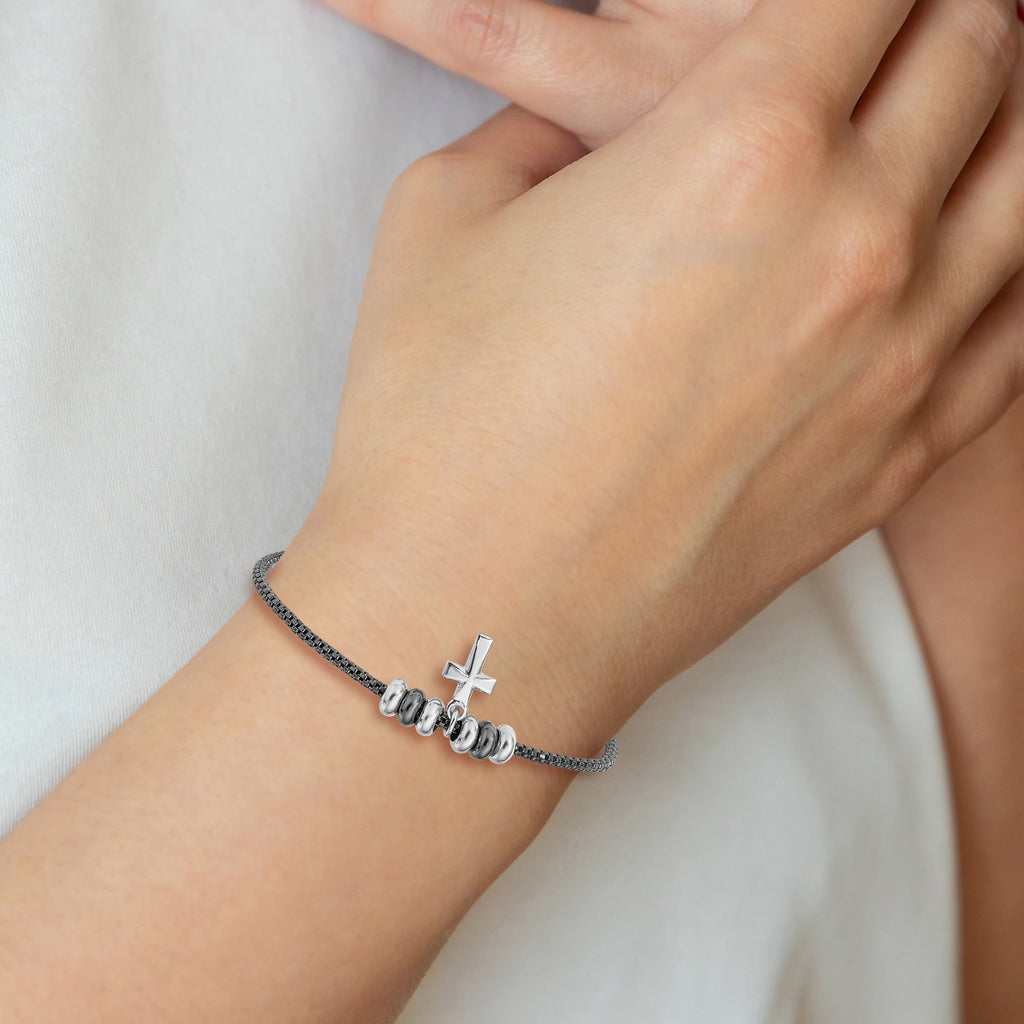 Sterling Silver Rhod and Ruth-plated Cross w/ 1in ext Bracelet