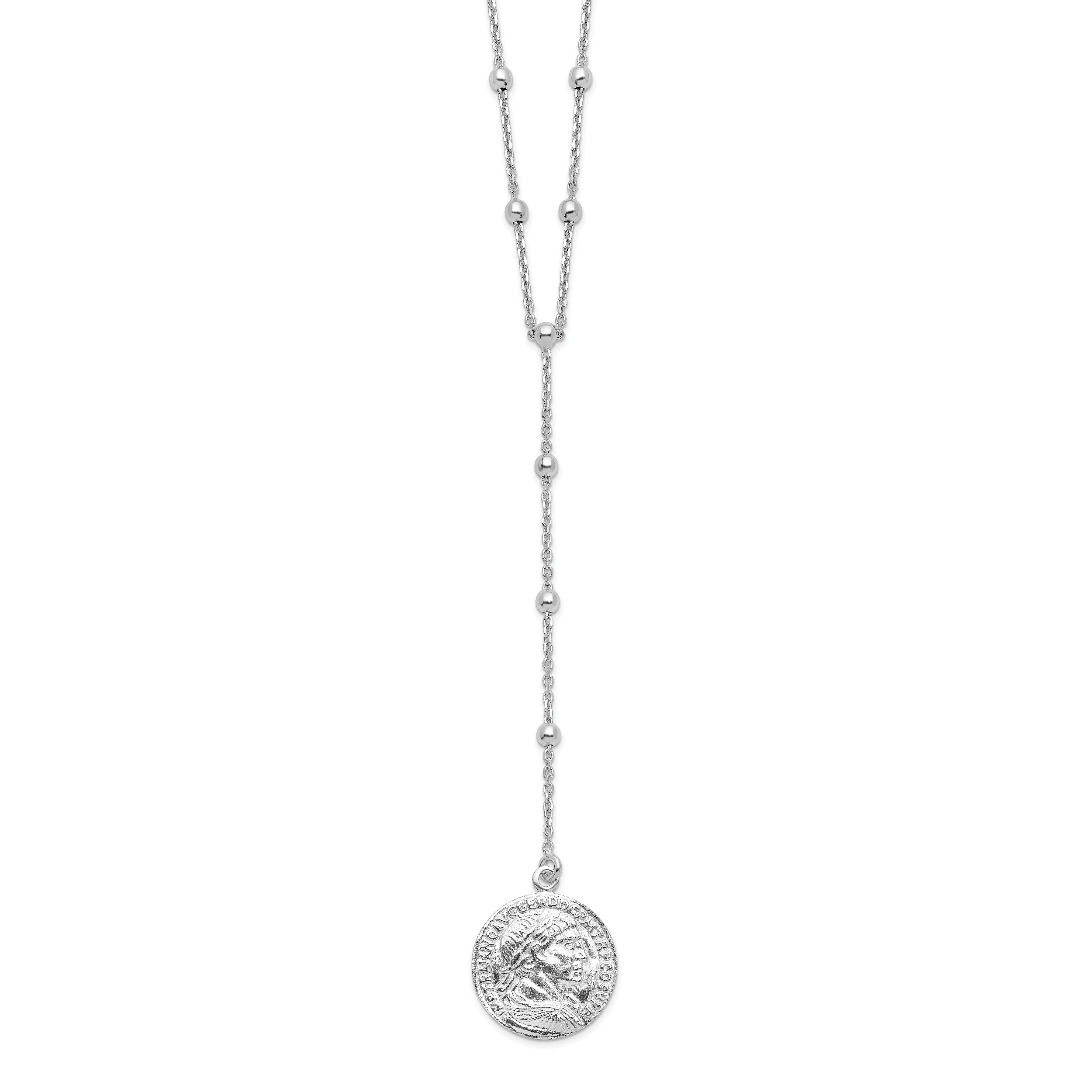 Sterling Silver Rhodium-Platedod-plated Roman Coin Y-drop w/in ext. Necklace