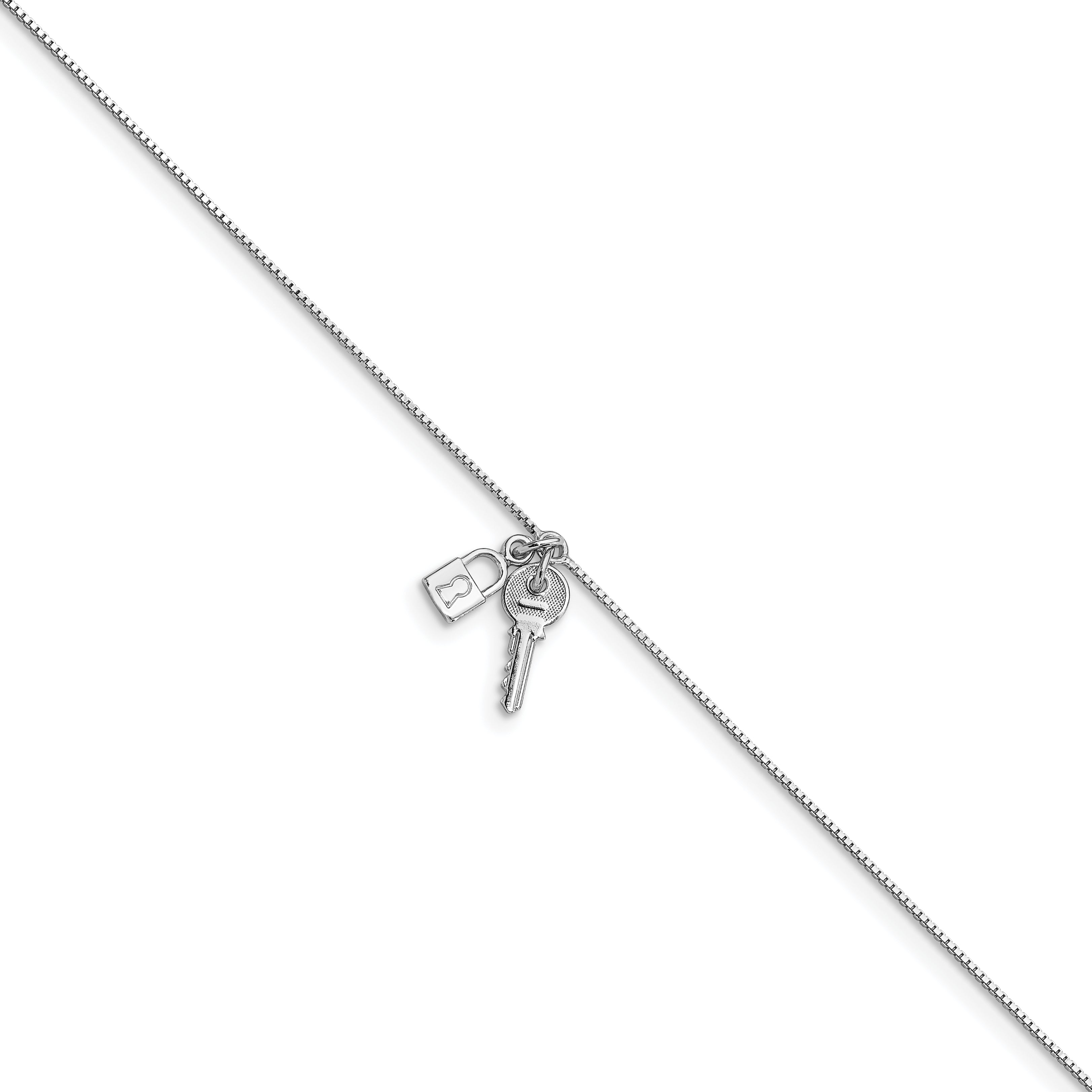 Sterling Silver Rhodium-Platedod-pl Polished Lock and Key w/ 1in ext. Anklet