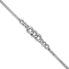 Sterling Silver Rhodium-Platedod-pl Textured Link 2 strand w/ 1in ext Bracelet