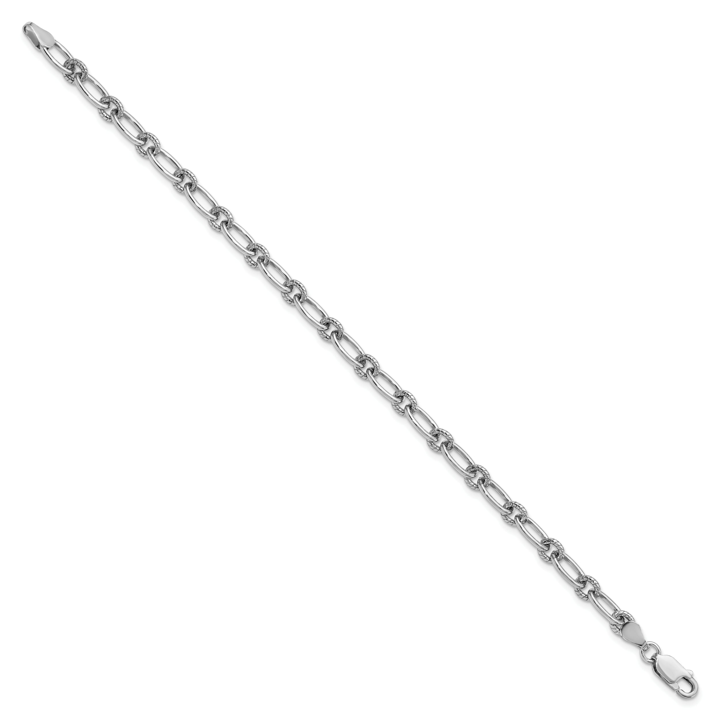 Sterling Silver Rhod-plated Textured Fancy Link Bracelet