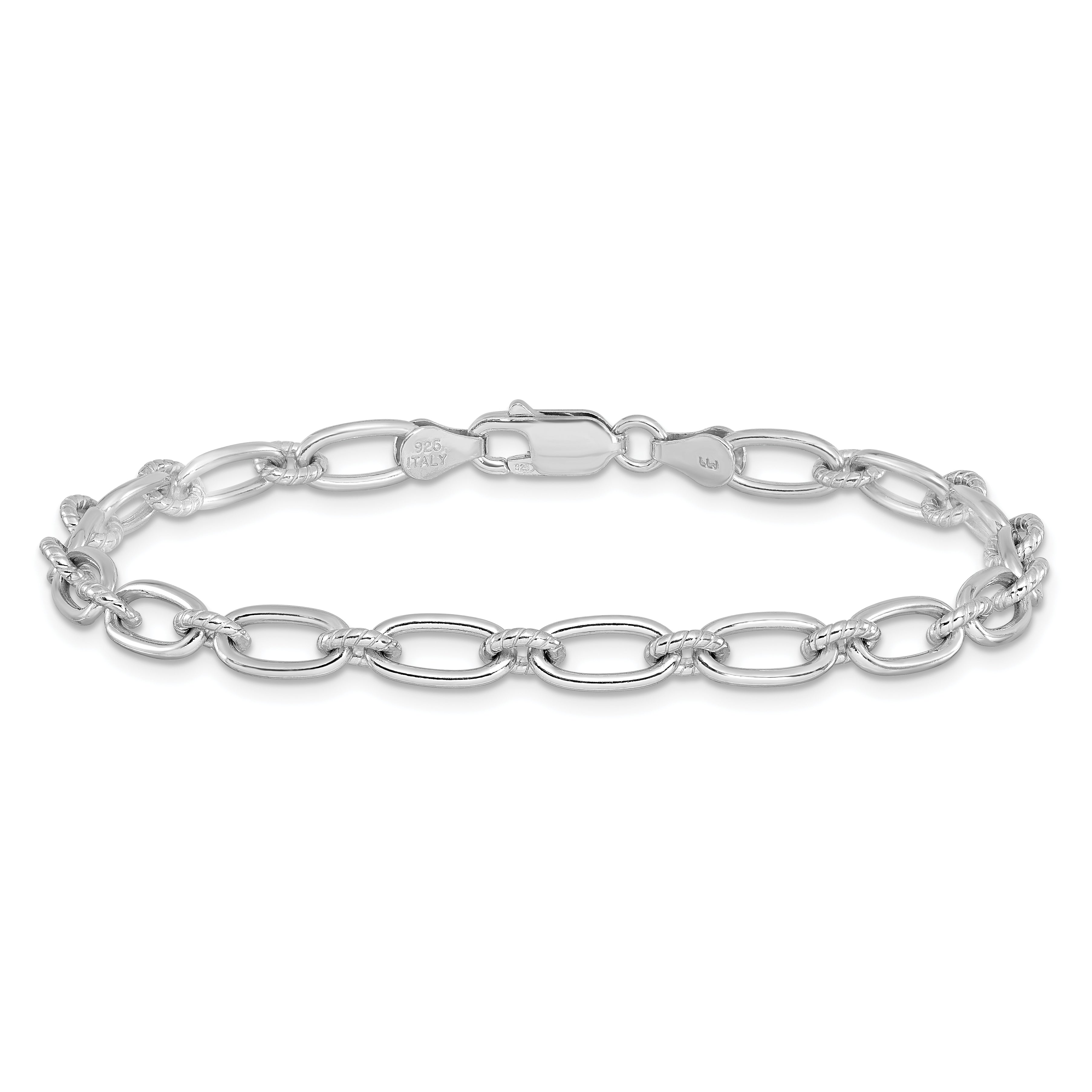 Sterling Silver Rhod-plated Textured Fancy Link Bracelet