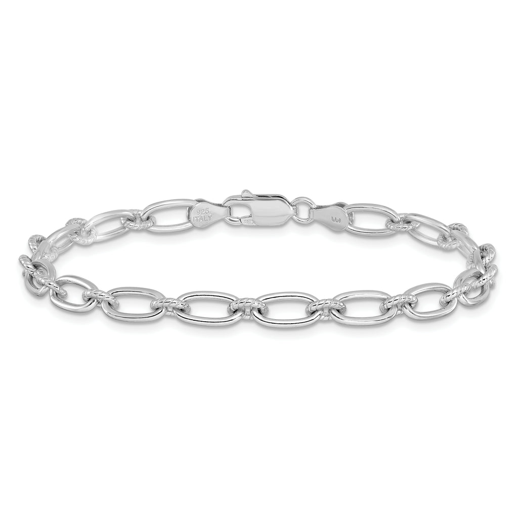Sterling Silver Rhod-plated Textured Fancy Link Bracelet