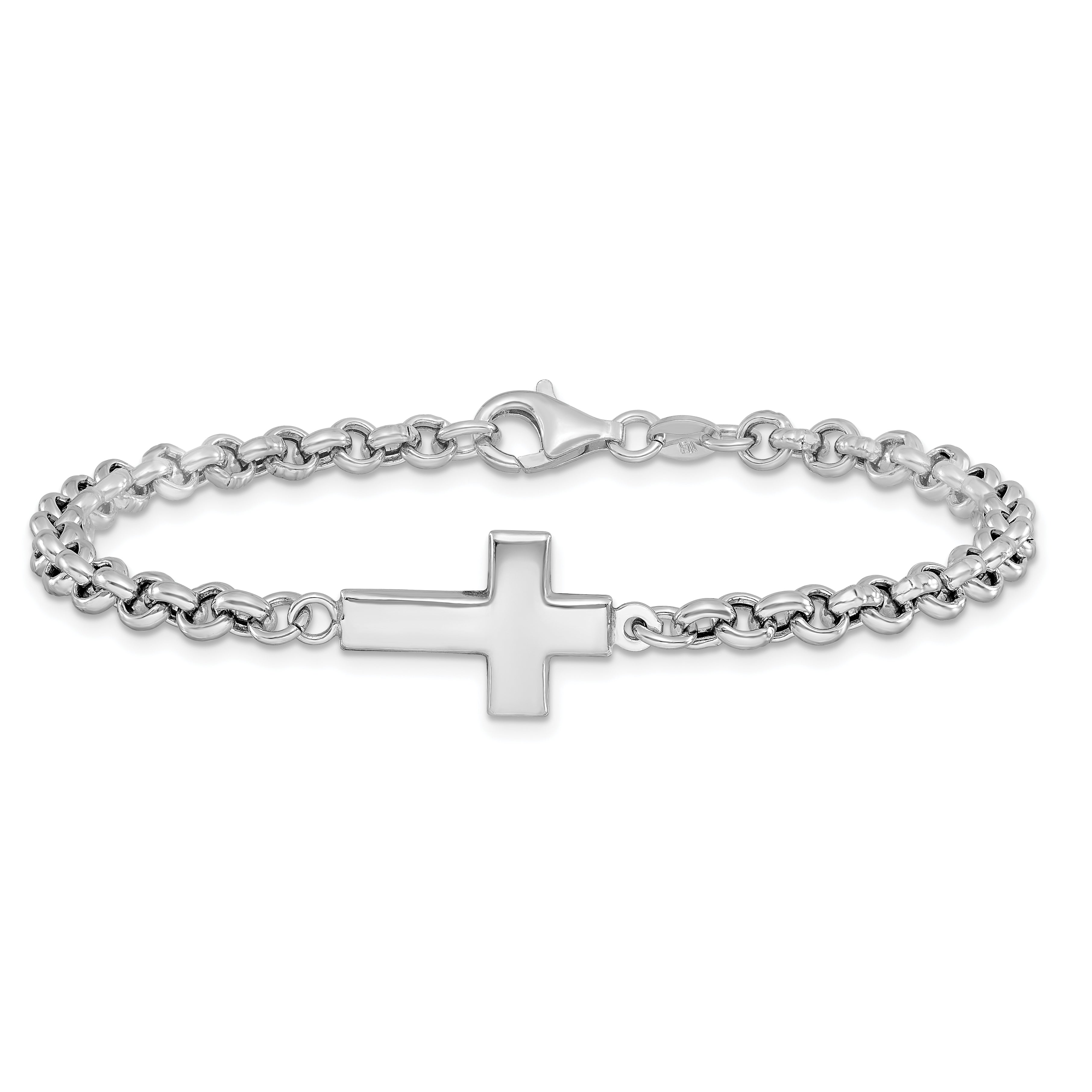 Sterling Silver Rhodium-plated Cross Rolo Bracelet