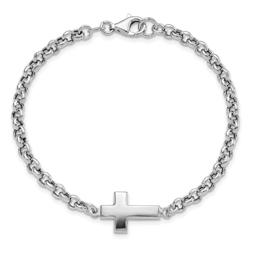 Sterling Silver Rhodium-plated Cross Rolo Bracelet