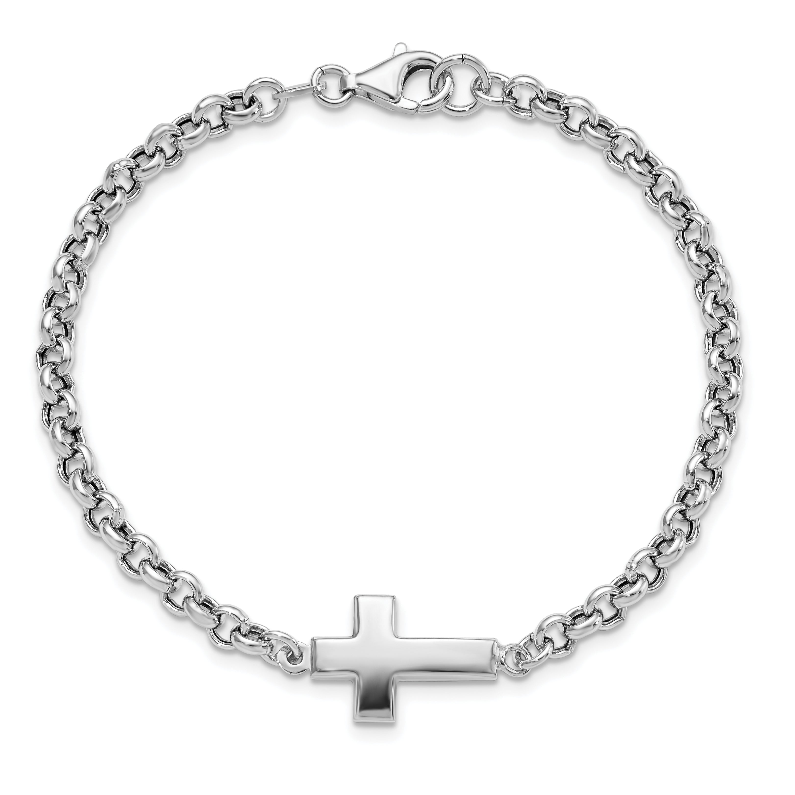 Sterling Silver Rhodium-plated Cross Rolo Bracelet