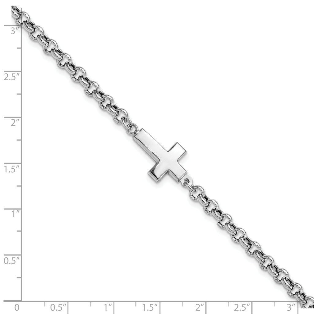 Sterling Silver Rhodium-plated Cross Rolo Bracelet