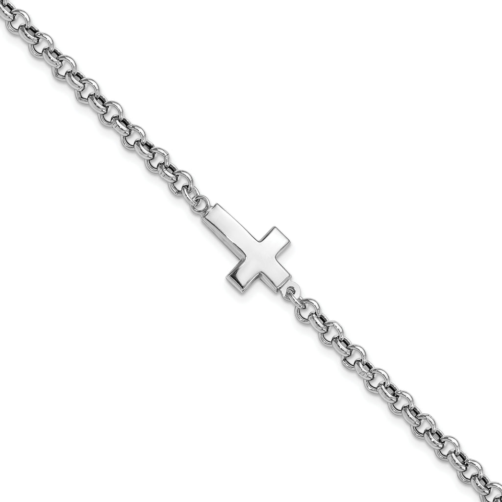 Sterling Silver Rhodium-plated Cross Rolo Bracelet