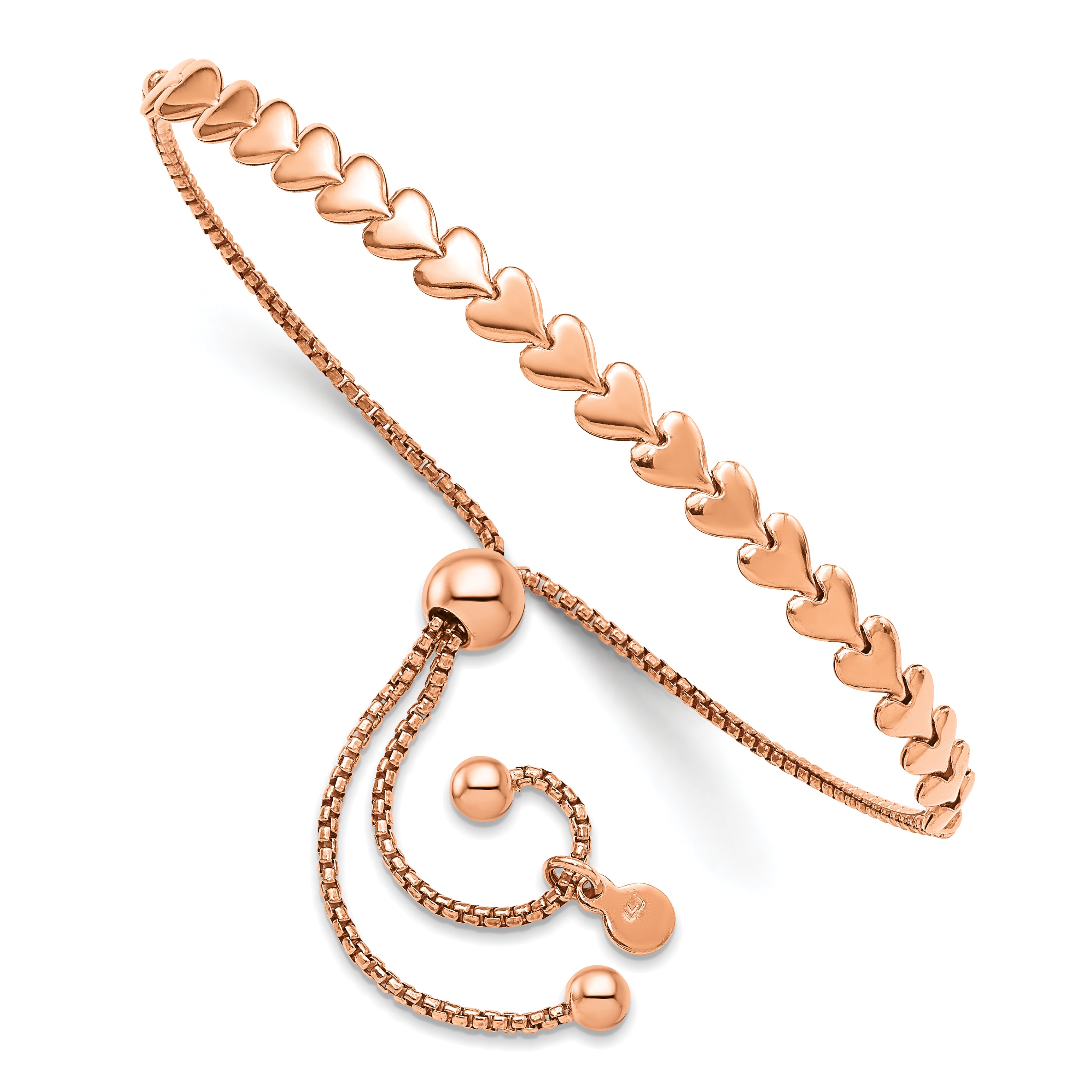 Sterling Silver Rose-tone Polished Heart Bolo Bracelet