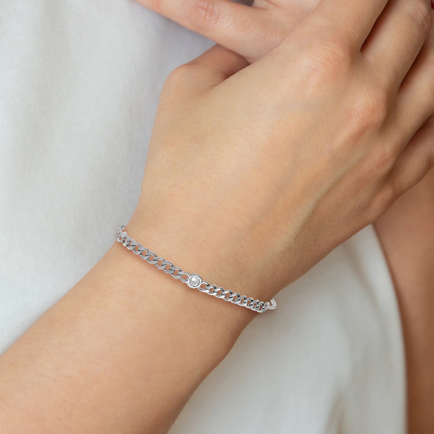 Sterling Silver Rhodium-plated Polished CZ Bolo Bracelet