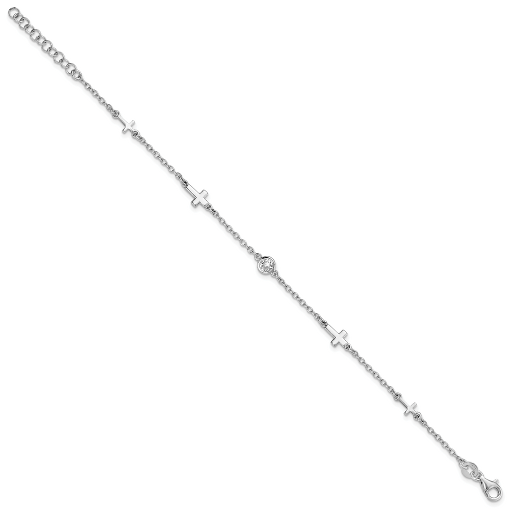 Sterling Silver Rhodium-plated CZ Cross w/ 1in ext. Bracelet