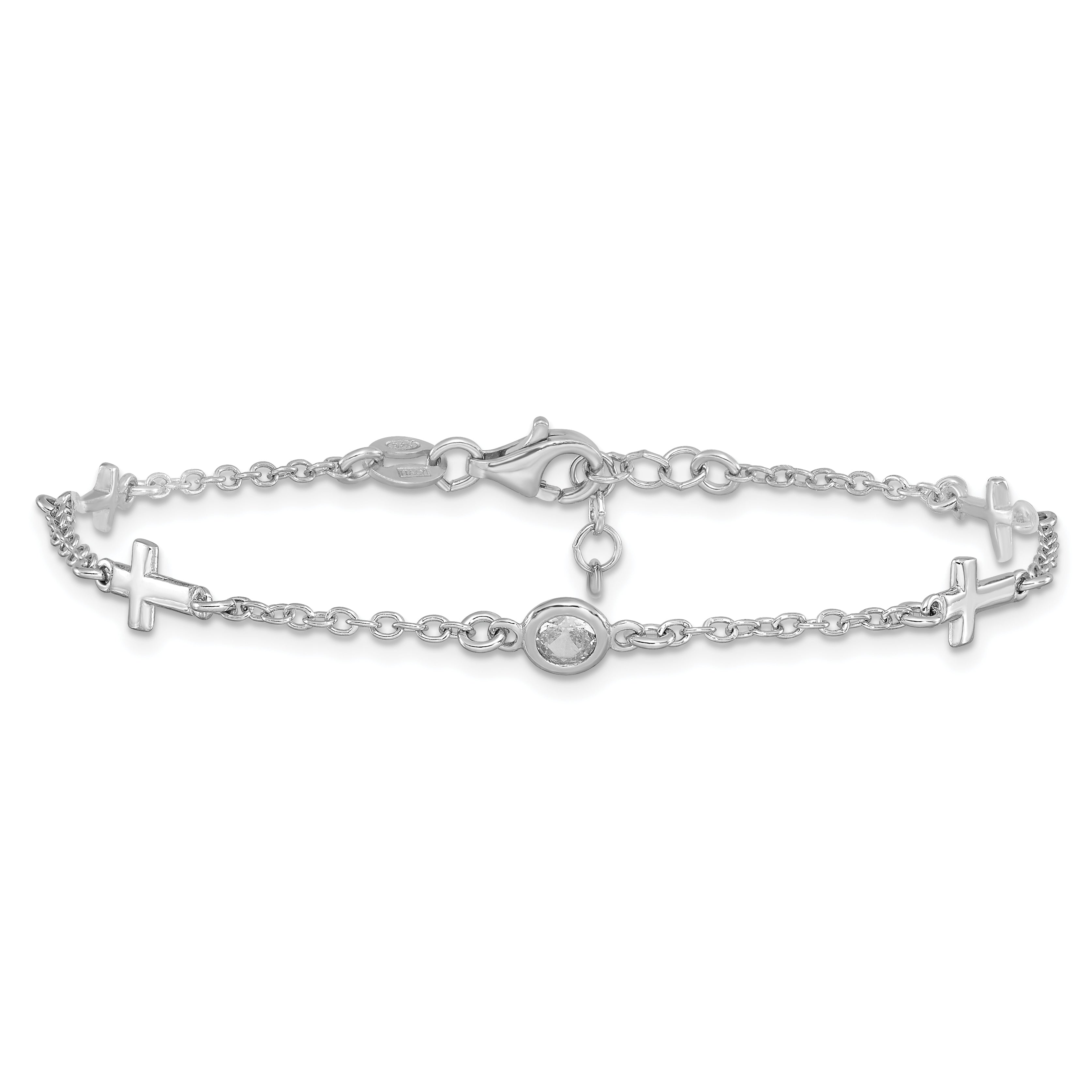 Sterling Silver Rhodium-plated CZ Cross w/ 1in ext. Bracelet