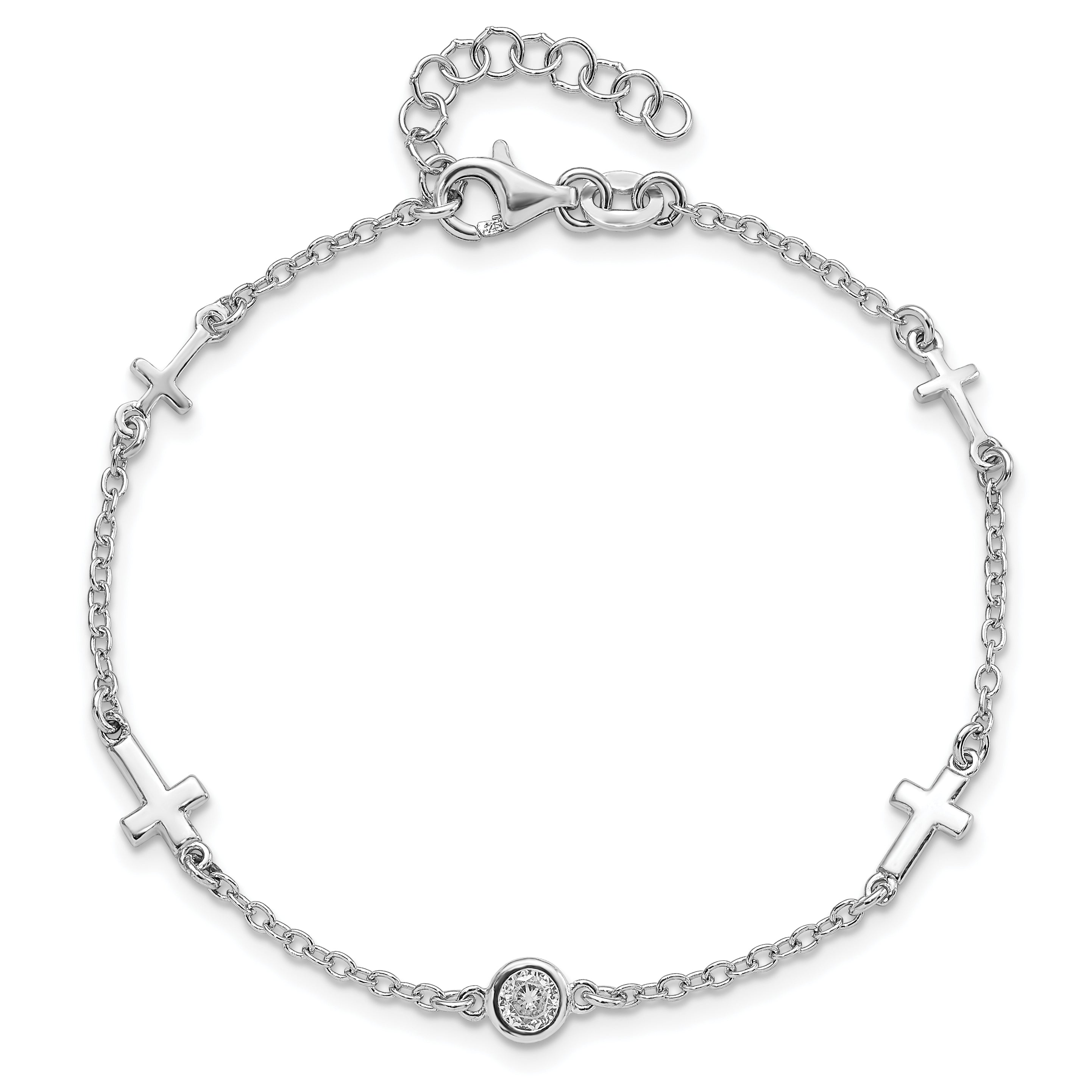 Sterling Silver Rhodium-plated CZ Cross w/ 1in ext. Bracelet