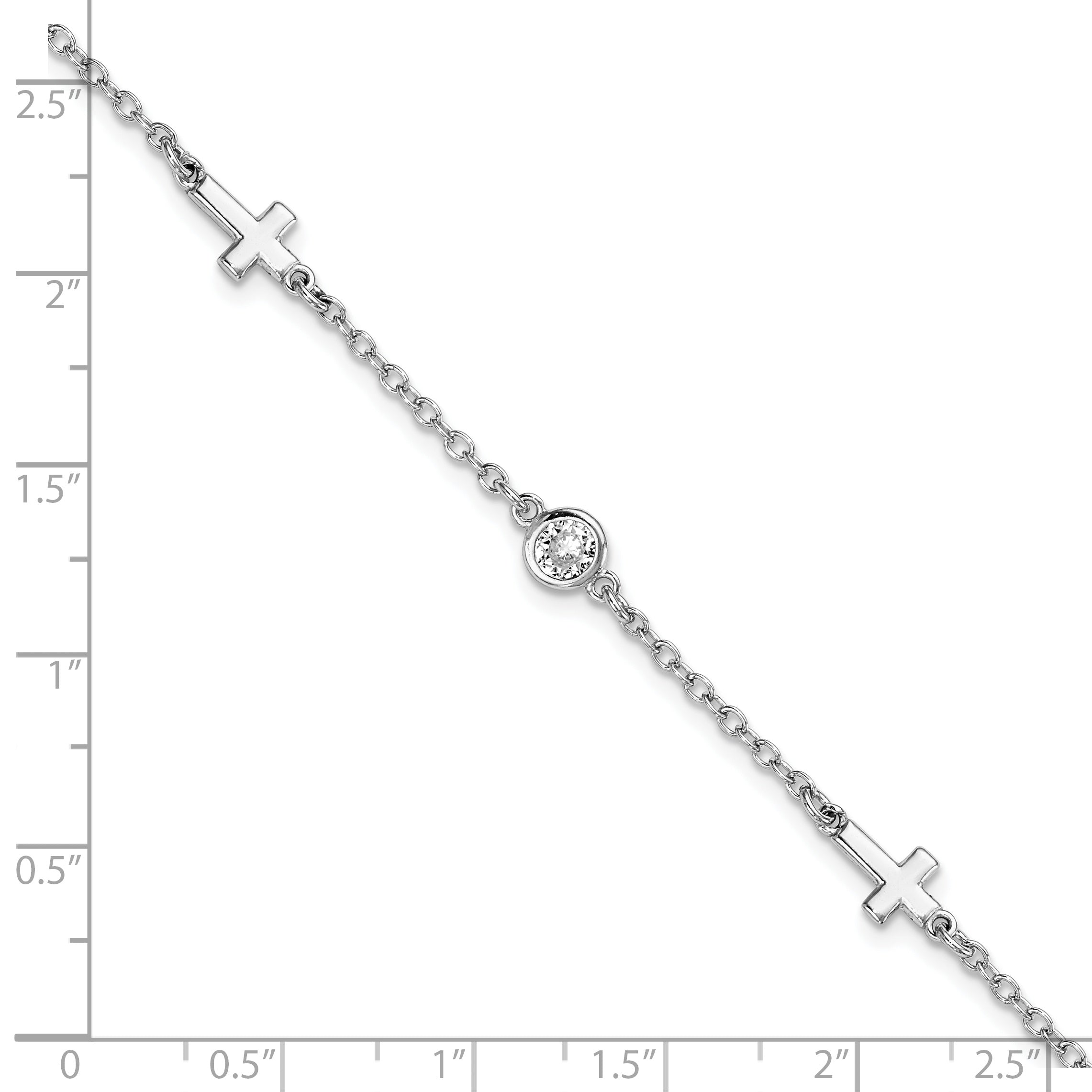 Sterling Silver Rhodium-plated CZ Cross w/ 1in ext. Bracelet