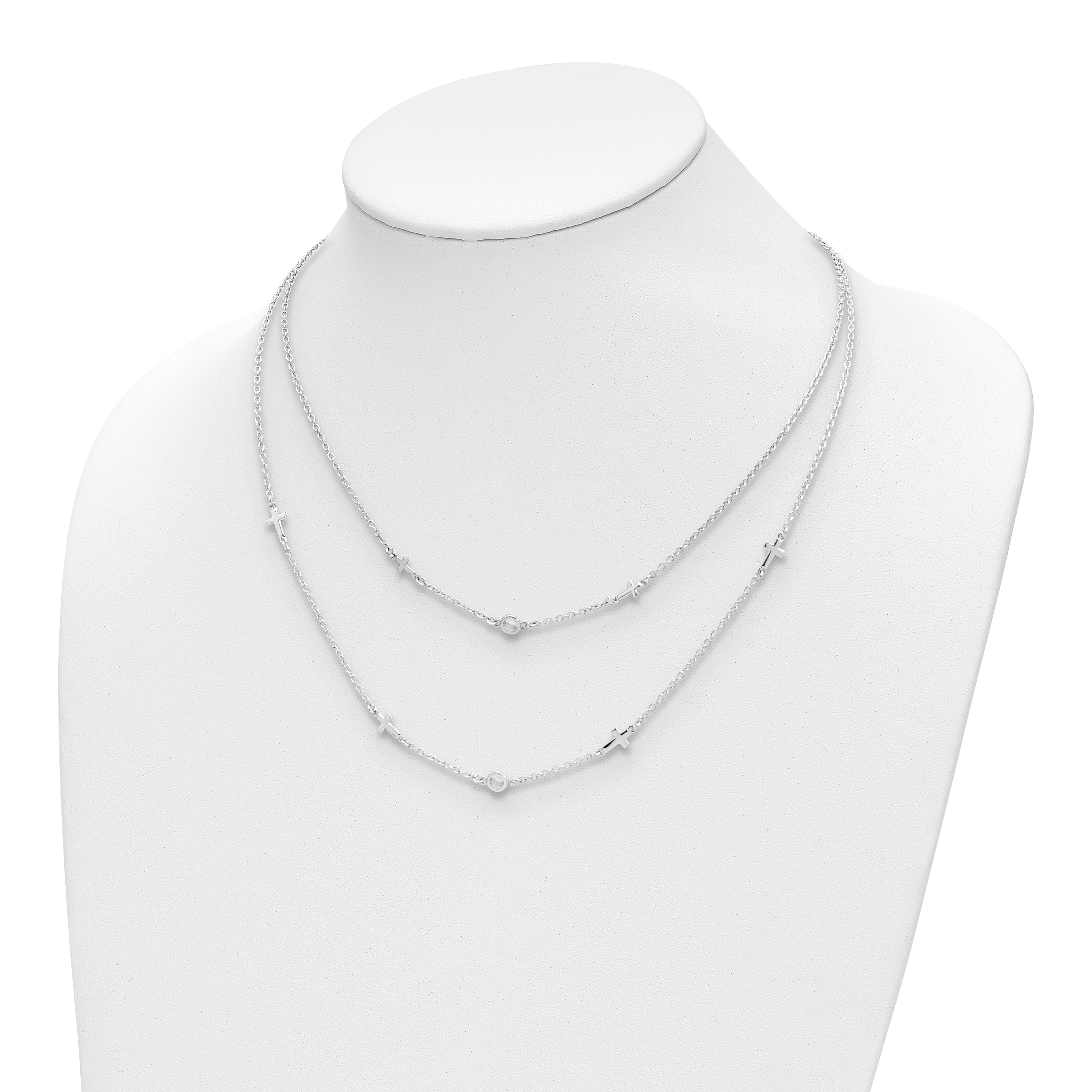 Sterling Silver Rhod-pl CZ Cross Multi-strand w/ 2in ext. Necklace
