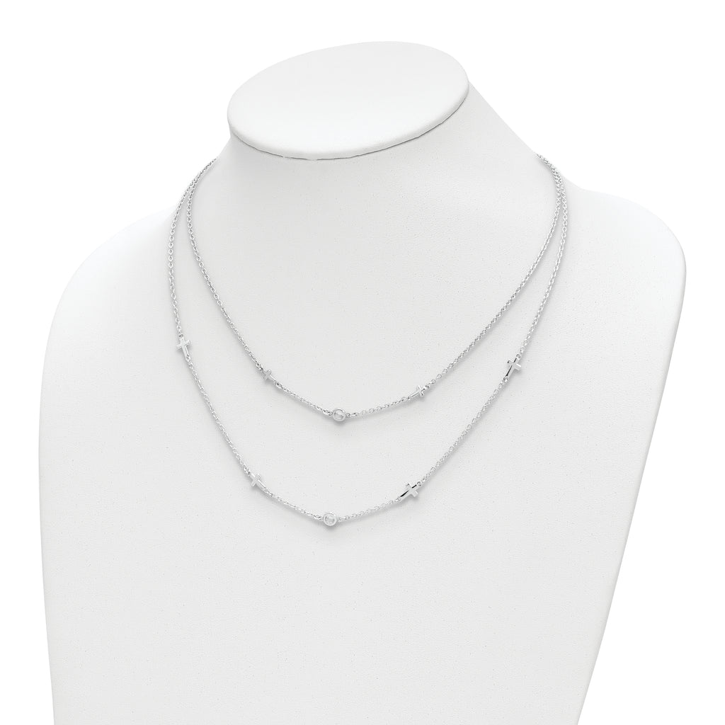 Sterling Silver Rhod-pl CZ Cross Multi-strand w/ 2in ext. Necklace