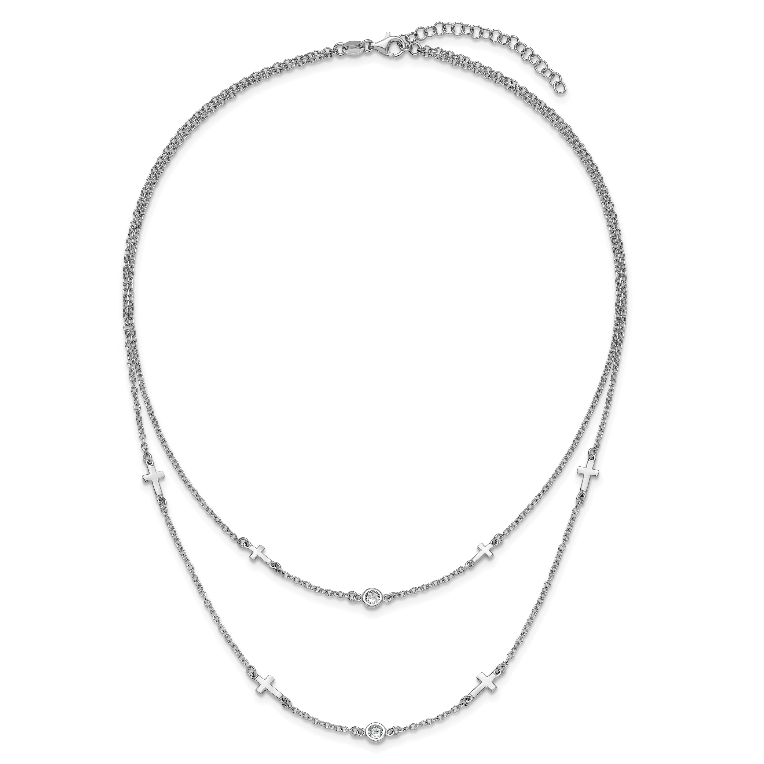 Sterling Silver Rhod-pl CZ Cross Multi-strand w/ 2in ext. Necklace