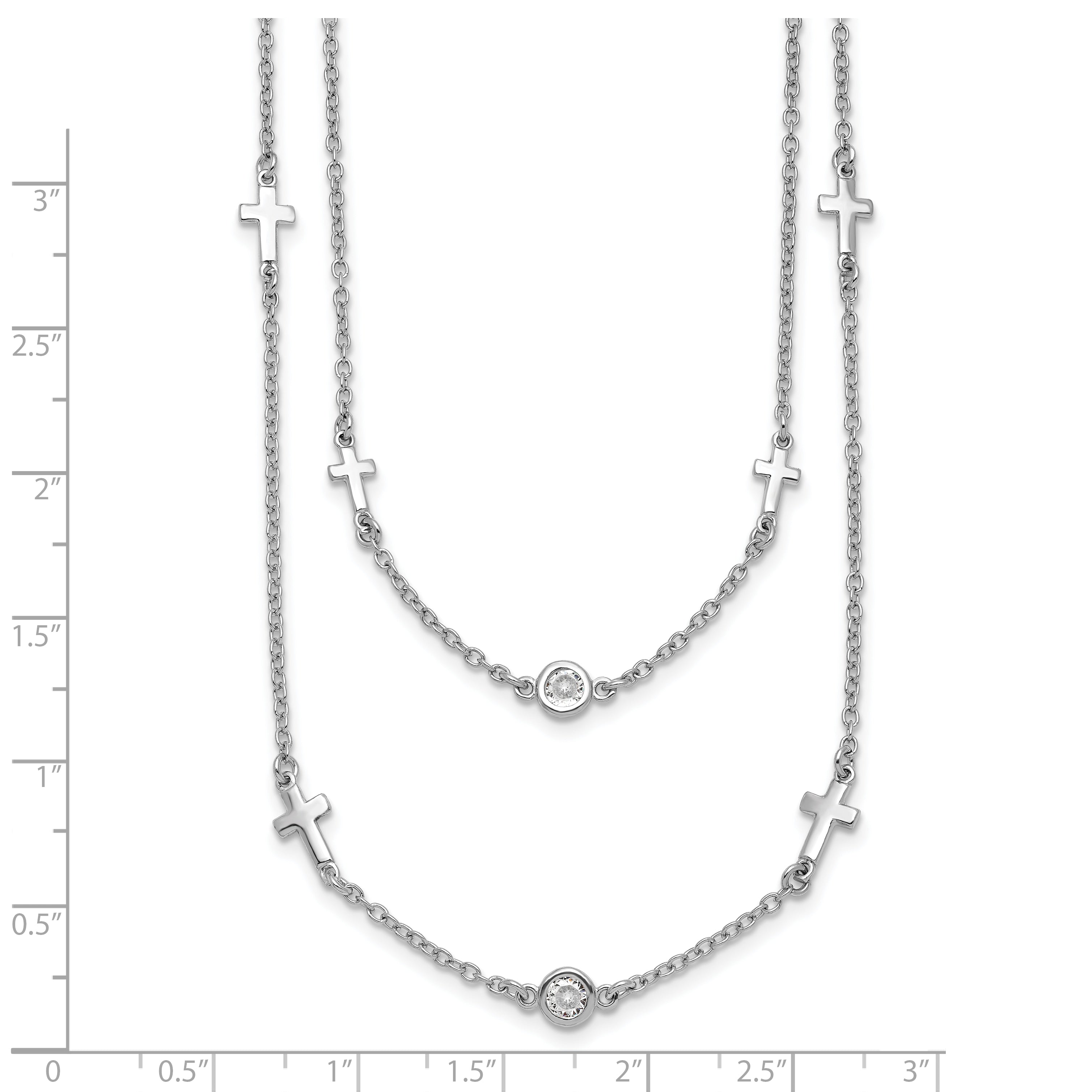 Sterling Silver Rhod-pl CZ Cross Multi-strand w/ 2in ext. Necklace