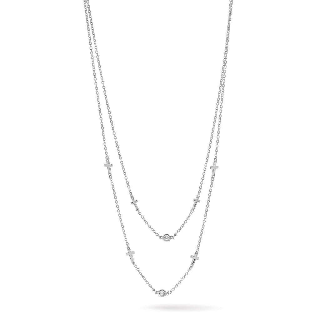 Sterling Silver Rhod-pl CZ Cross Multi-strand w/ 2in ext. Necklace