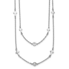 Sterling Silver Rhod-pl CZ Cross Multi-strand w/ 2in ext. Necklace