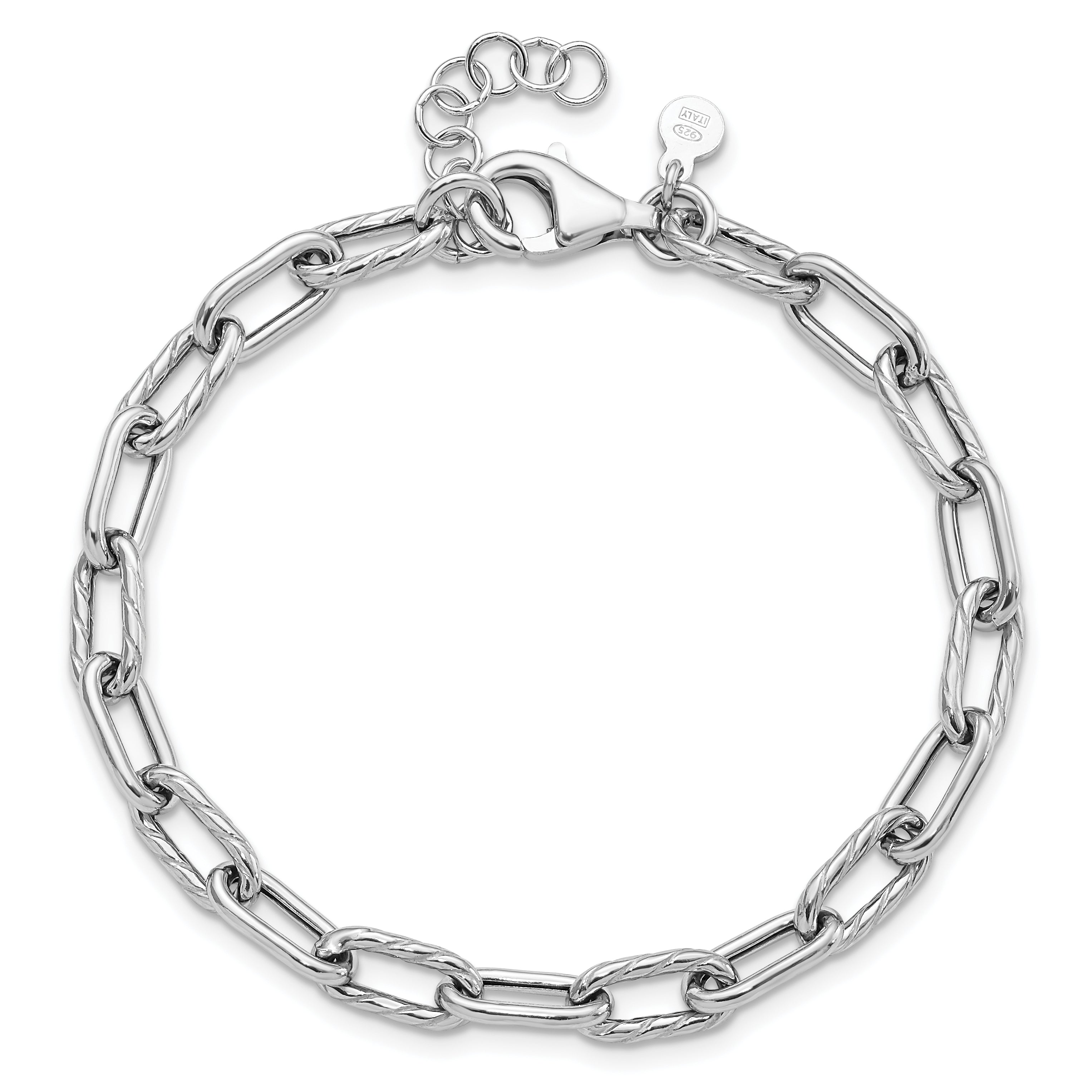 Sterling Silver RH-pl Polish/Texture Link w/1in ext. Bracelet