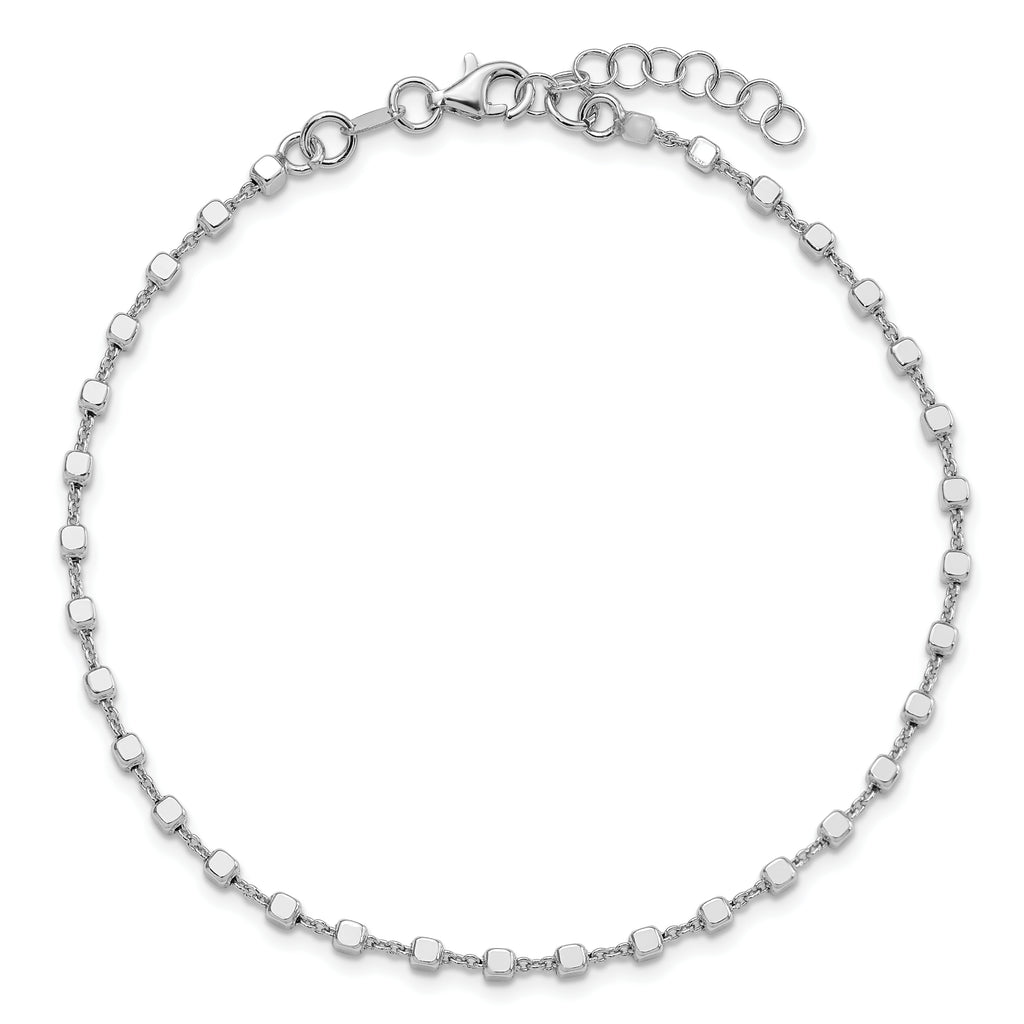 Sterling Silver Rhodium-plated Cube Link 9 inch Plus 1 inch Extender - Total 10 inch Anklet