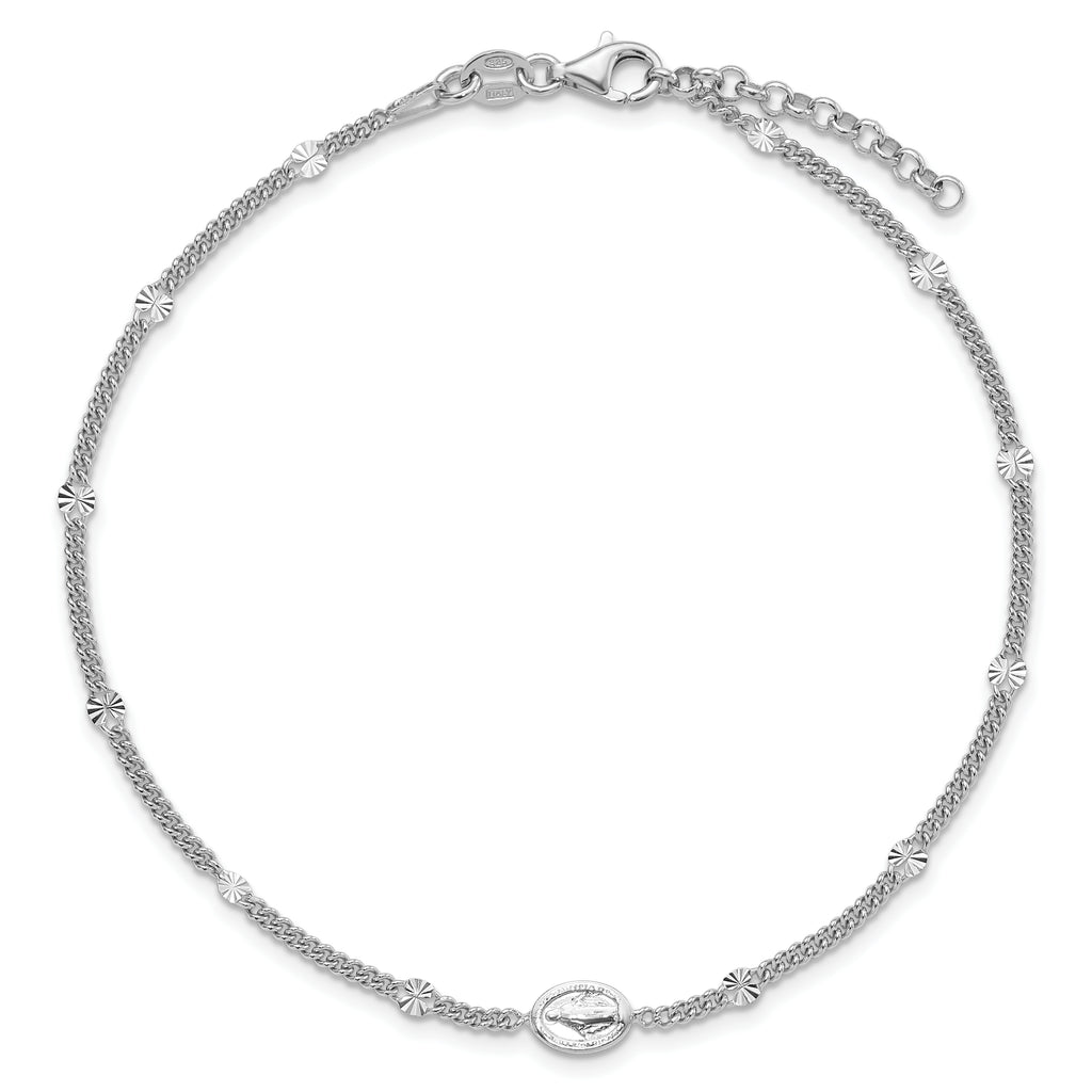 Sterling Silver Rhodium-plated Miraculous Medal 9 inch Plus 1 inch Extender - Total 10 inch Anklet
