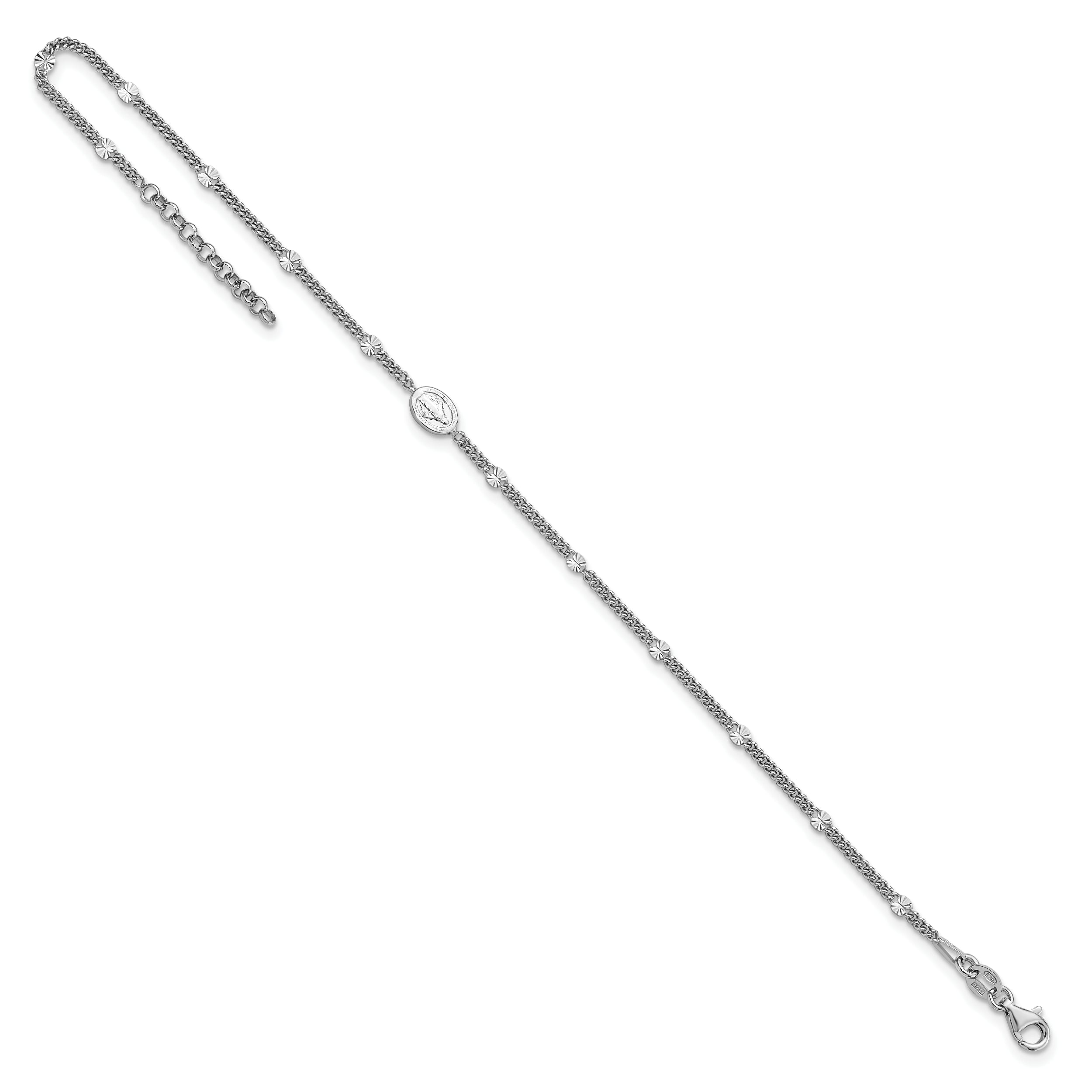 Sterling Silver Rhodium-plated Miraculous Medal 9 inch Plus 1 inch Extender - Total 10 inch Anklet